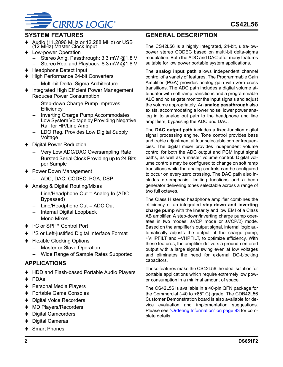 Cs42l56, System features, General description | Cirrus Logic CS42L56 User Manual | Page 2 / 92