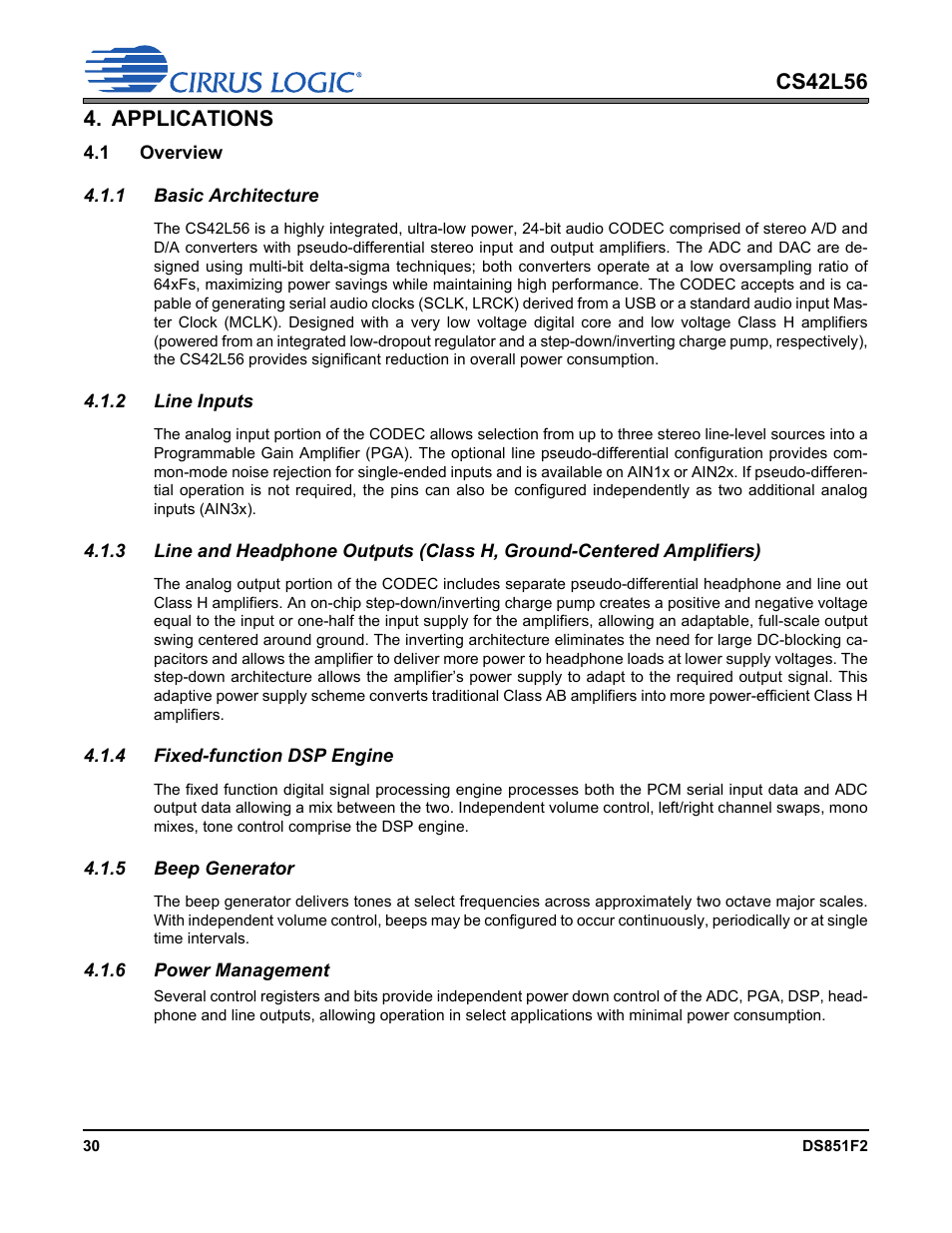 Applications, 1 overview, 1 basic architecture | 2 line inputs, 4 fixed-function dsp engine, 5 beep generator, 6 power management | Cirrus Logic CS42L56 User Manual | Page 30 / 92