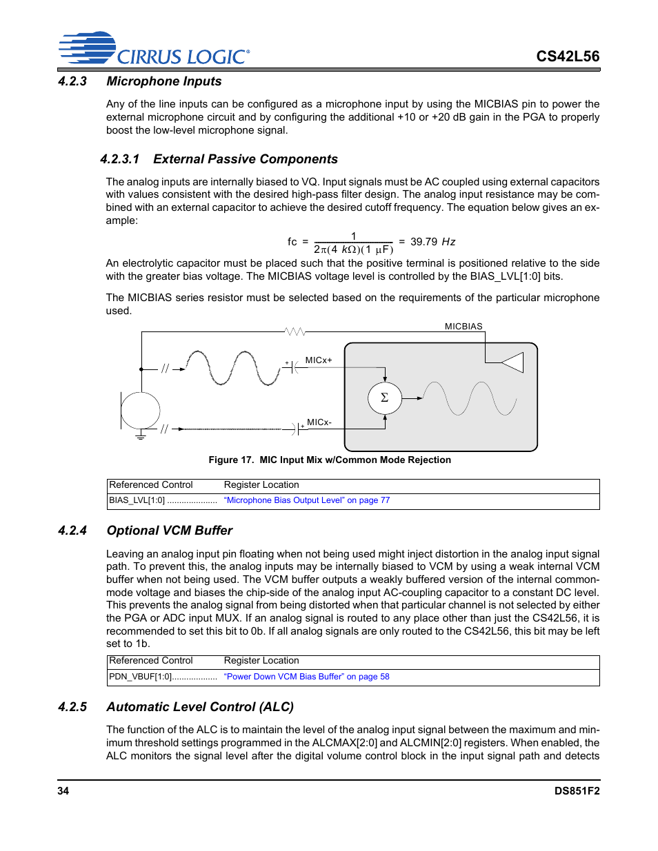 3 microphone inputs, Figure 17. mic input mix w/common mode rejection, 4 optional vcm buffer | 5 automatic level control (alc), 1 external passive components, Figure 17.mic input mix w/common mode rejection, Cs42l56 | Cirrus Logic CS42L56 User Manual | Page 34 / 92