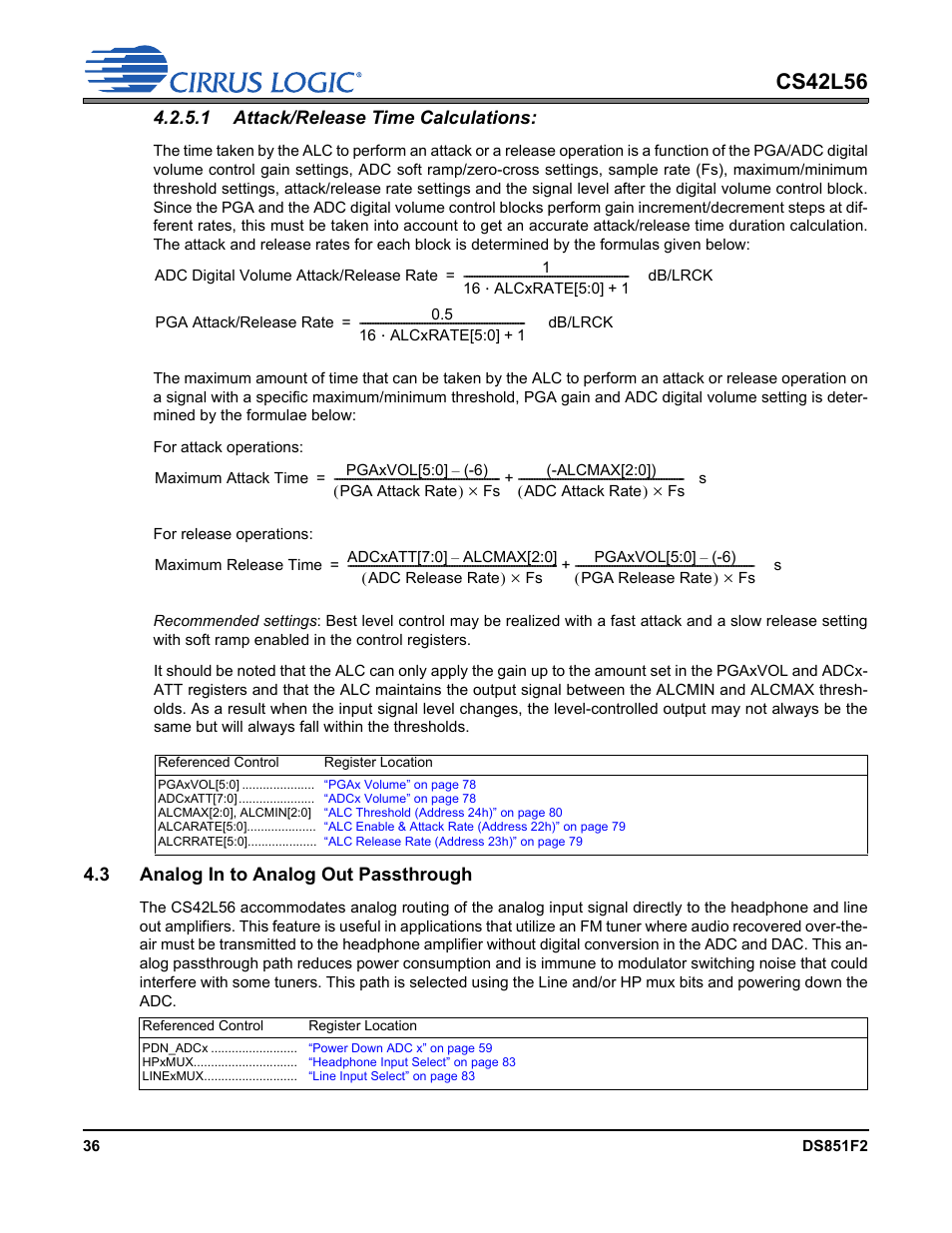 3 analog in to analog out passthrough, 1 attack/release time calculations, Cs42l56 | Cirrus Logic CS42L56 User Manual | Page 36 / 92