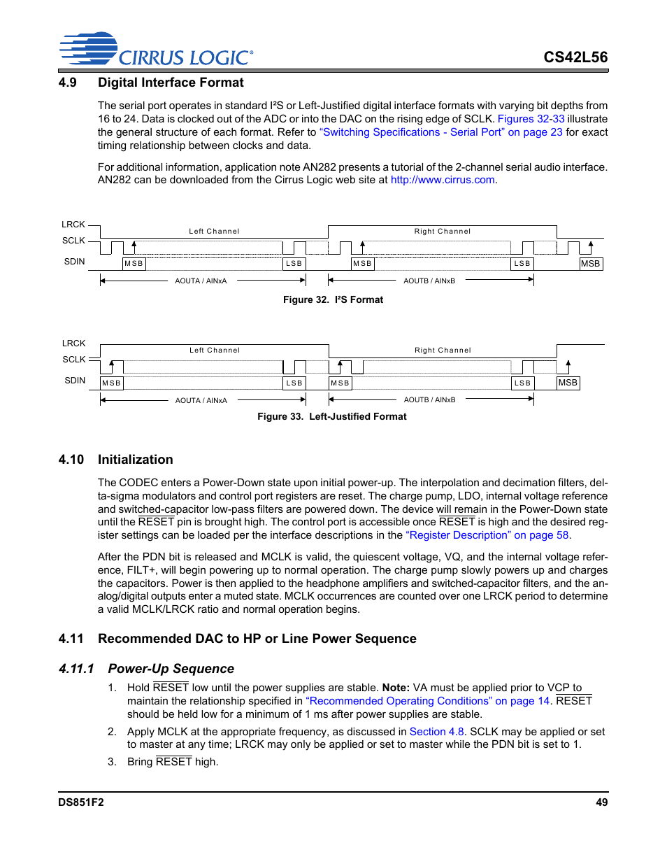 9 digital interface format, Figure 32. i²s format, Figure 33. left-justified format | 10 initialization, 11 recommended dac to hp or line power sequence, 1 power-up sequence, Cs42l56 | Cirrus Logic CS42L56 User Manual | Page 49 / 92