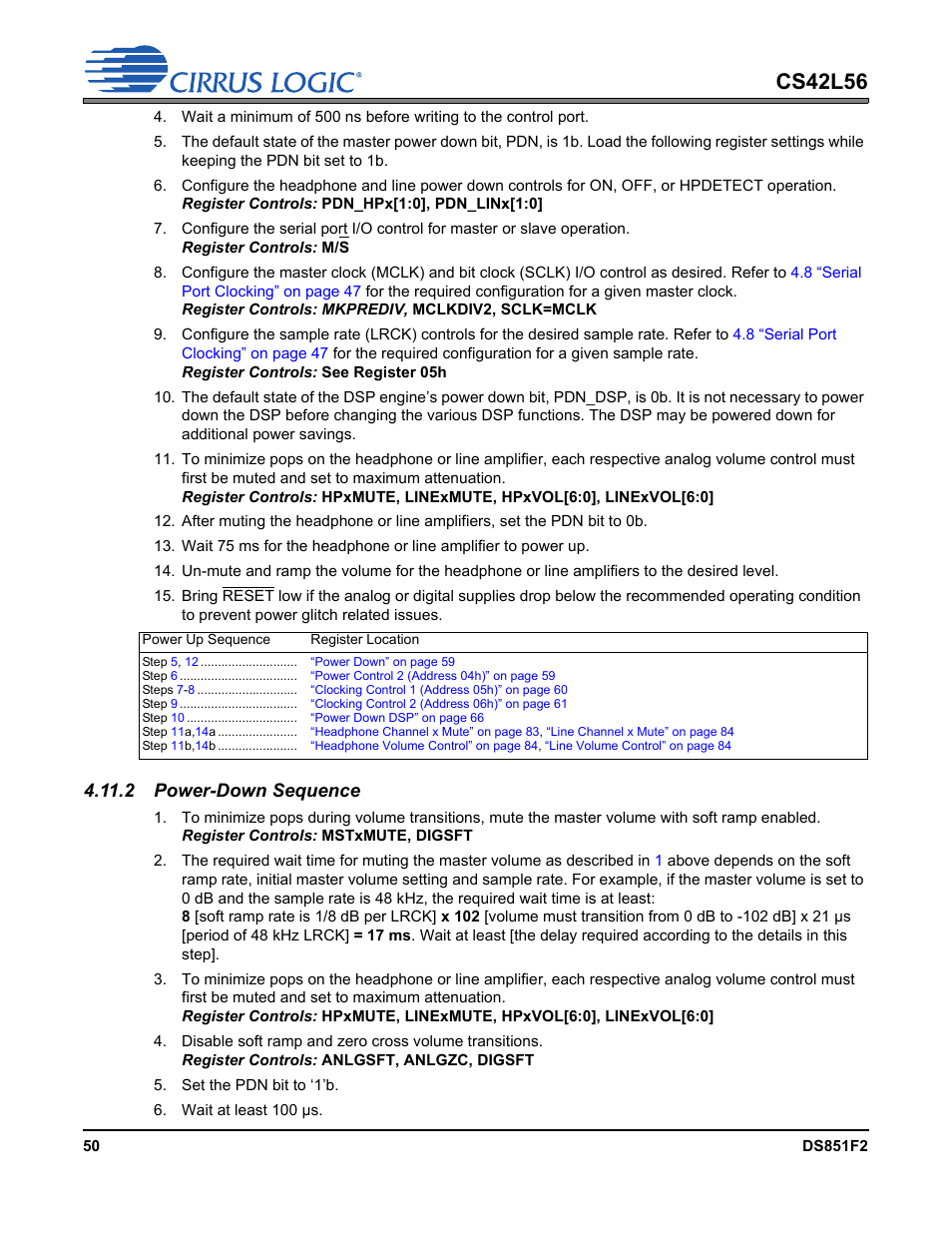 2 power-down sequence, Cs42l56 | Cirrus Logic CS42L56 User Manual | Page 50 / 92