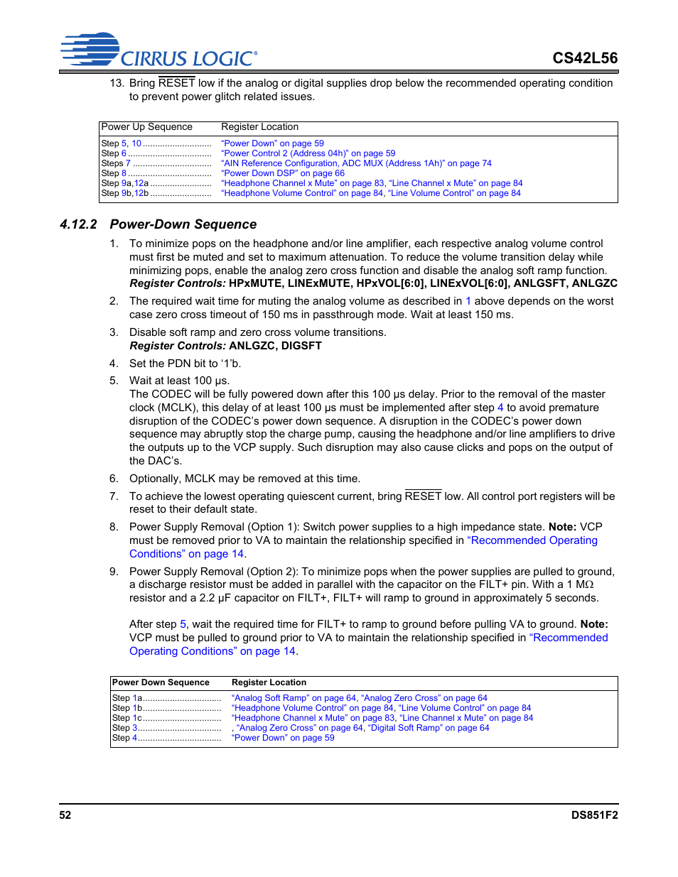 2 power-down sequence, Cs42l56 | Cirrus Logic CS42L56 User Manual | Page 52 / 92