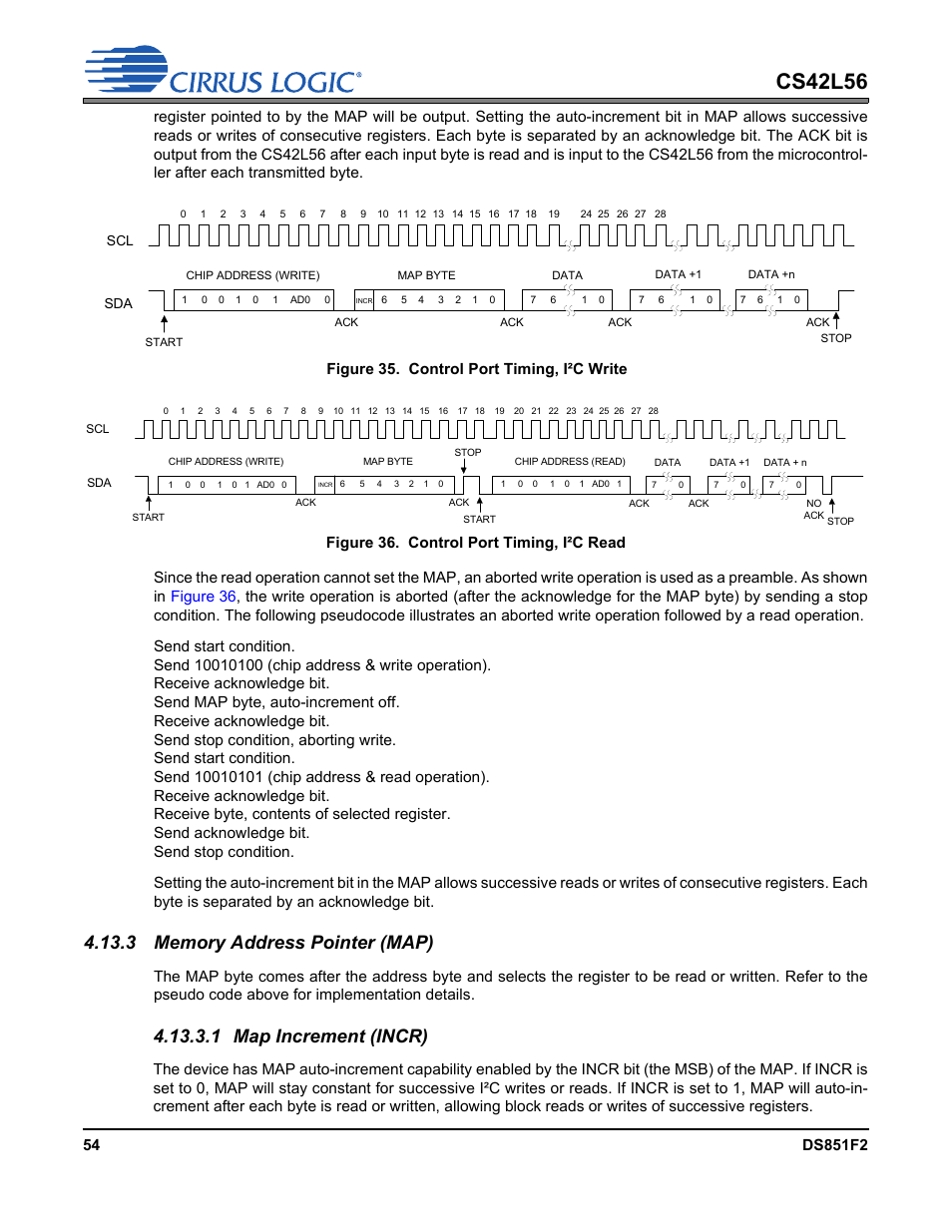 Figure 35. control port timing, i²c write, Figure 36. control port timing, i²c read, 3 memory address pointer (map) | 1 map increment (incr), Figure 35, Figure 36, Cs42l56 | Cirrus Logic CS42L56 User Manual | Page 54 / 92