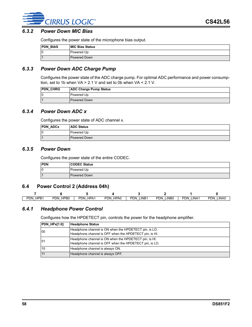 2 power down mic bias, 3 power down adc charge pump, 4 power down adc x | 5 power down, 4 power control 2 (address 04h), 1 headphone power control, Ed in, Headphone power con, P 59, Cs42l56 | Cirrus Logic CS42L56 User Manual | Page 58 / 92