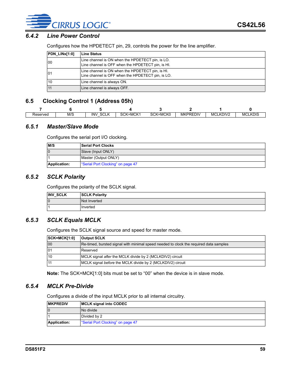 2 line power control, 5 clocking control 1 (address 05h), 1 master/slave mode | 2 sclk polarity, 3 sclk equals mclk, 4 mclk pre-divide, P 60, Cs42l56 | Cirrus Logic CS42L56 User Manual | Page 59 / 92