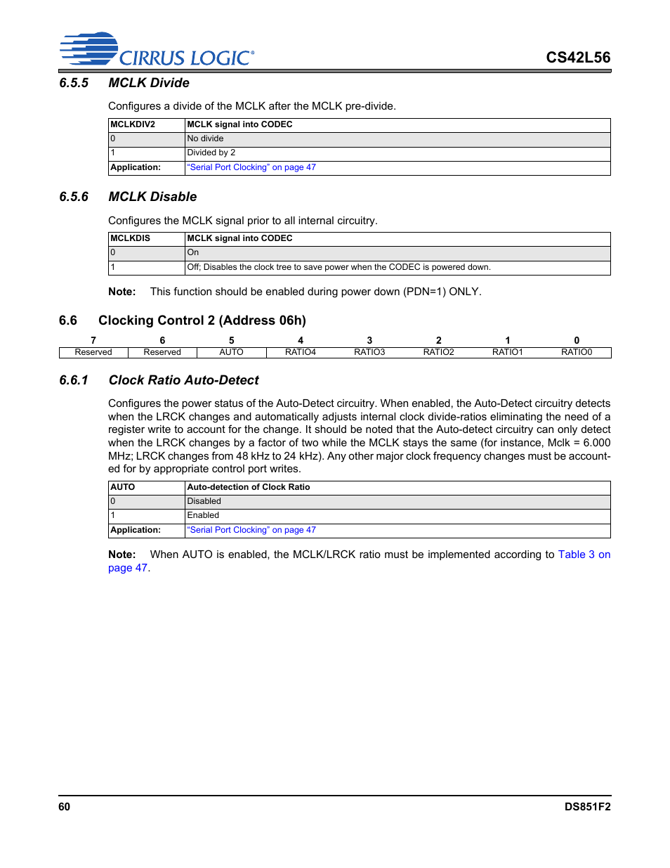 5 mclk divide, 6 mclk disable, 6 clocking control 2 (address 06h) | 1 clock ratio auto-detect, 5 mclk divide 6.5.6 mclk disable, P 61, Cs42l56 | Cirrus Logic CS42L56 User Manual | Page 60 / 92