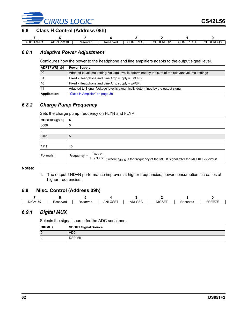8 class h control (address 08h), 1 adaptive power adjustment, 2 charge pump frequency | 9 misc. control (address 09h), 1 digital mux, Class h control (ad, P 63, Cs42l56 | Cirrus Logic CS42L56 User Manual | Page 62 / 92