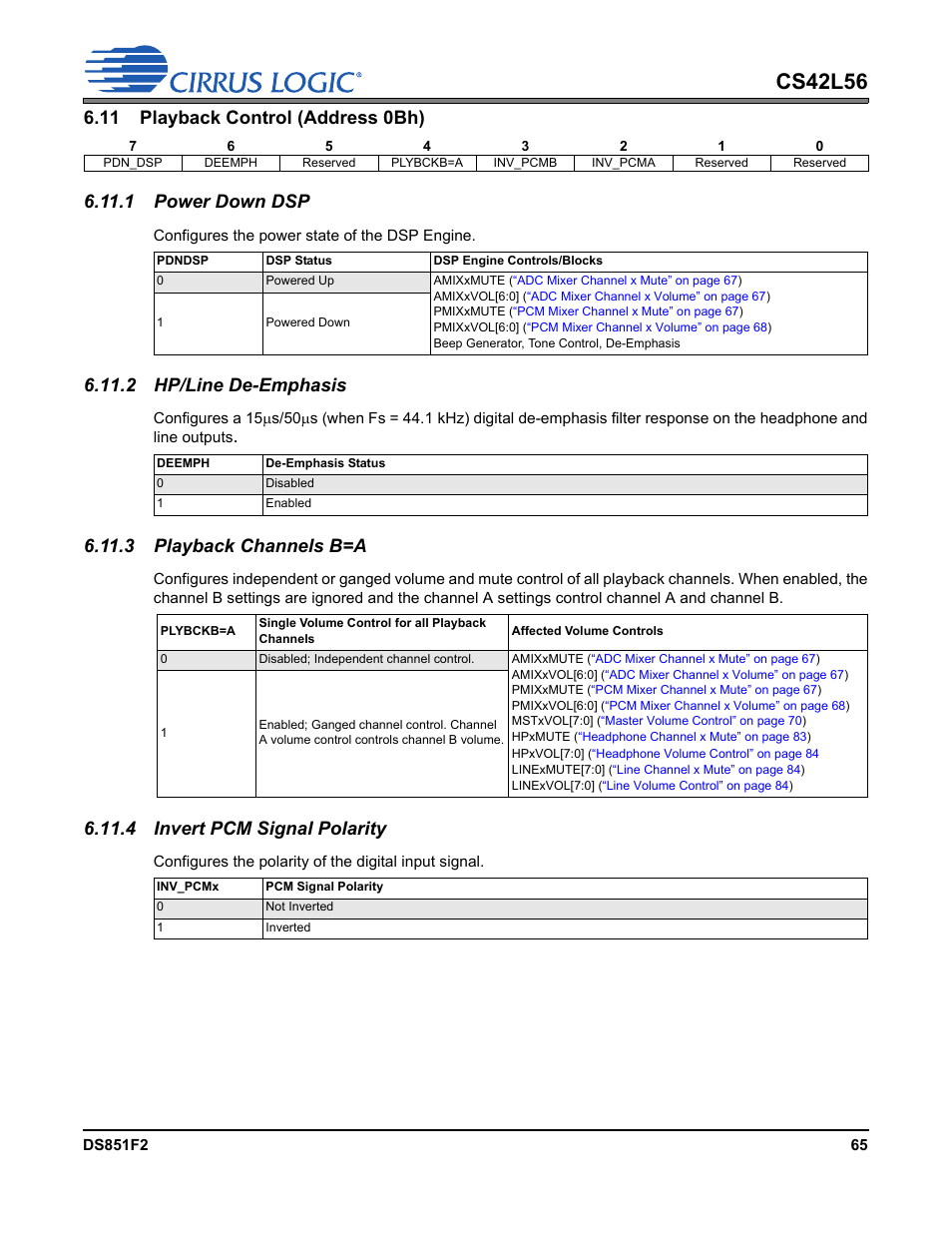 11 playback control (address 0bh), 1 power down dsp, 2 hp/line de-emphasis | 3 playback channels b=a, 4 invert pcm signal polarity, P 66, Cs42l56 | Cirrus Logic CS42L56 User Manual | Page 65 / 92