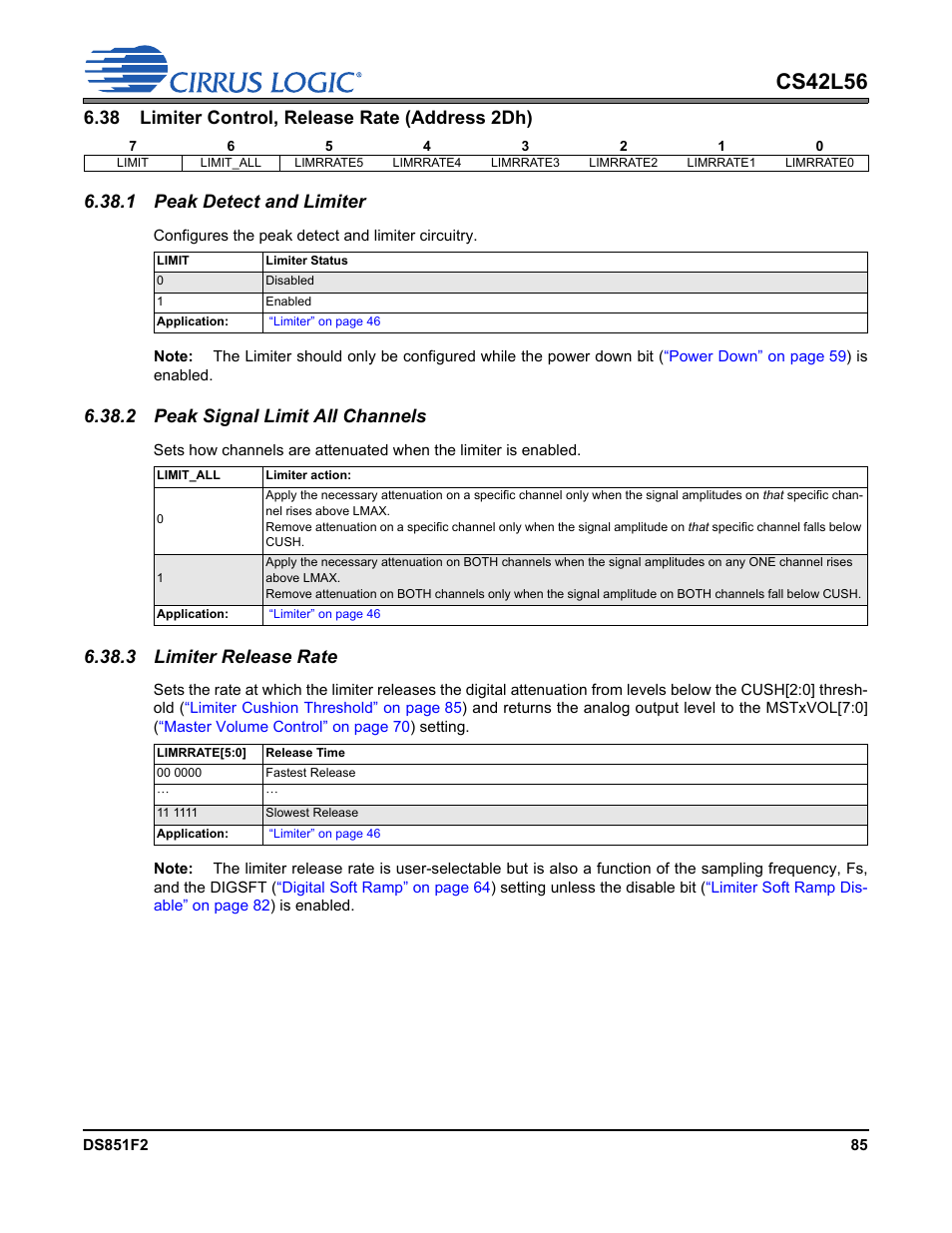38 limiter control, release rate (address 2dh), 1 peak detect and limiter, 2 peak signal limit all channels | 3 limiter release rate, P 86, Cs42l56 | Cirrus Logic CS42L56 User Manual | Page 85 / 92