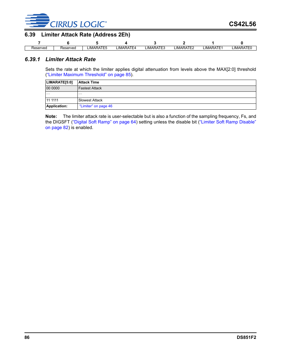 39 limiter attack rate (address 2eh), 1 limiter attack rate, P 87 | Cs42l56 | Cirrus Logic CS42L56 User Manual | Page 86 / 92