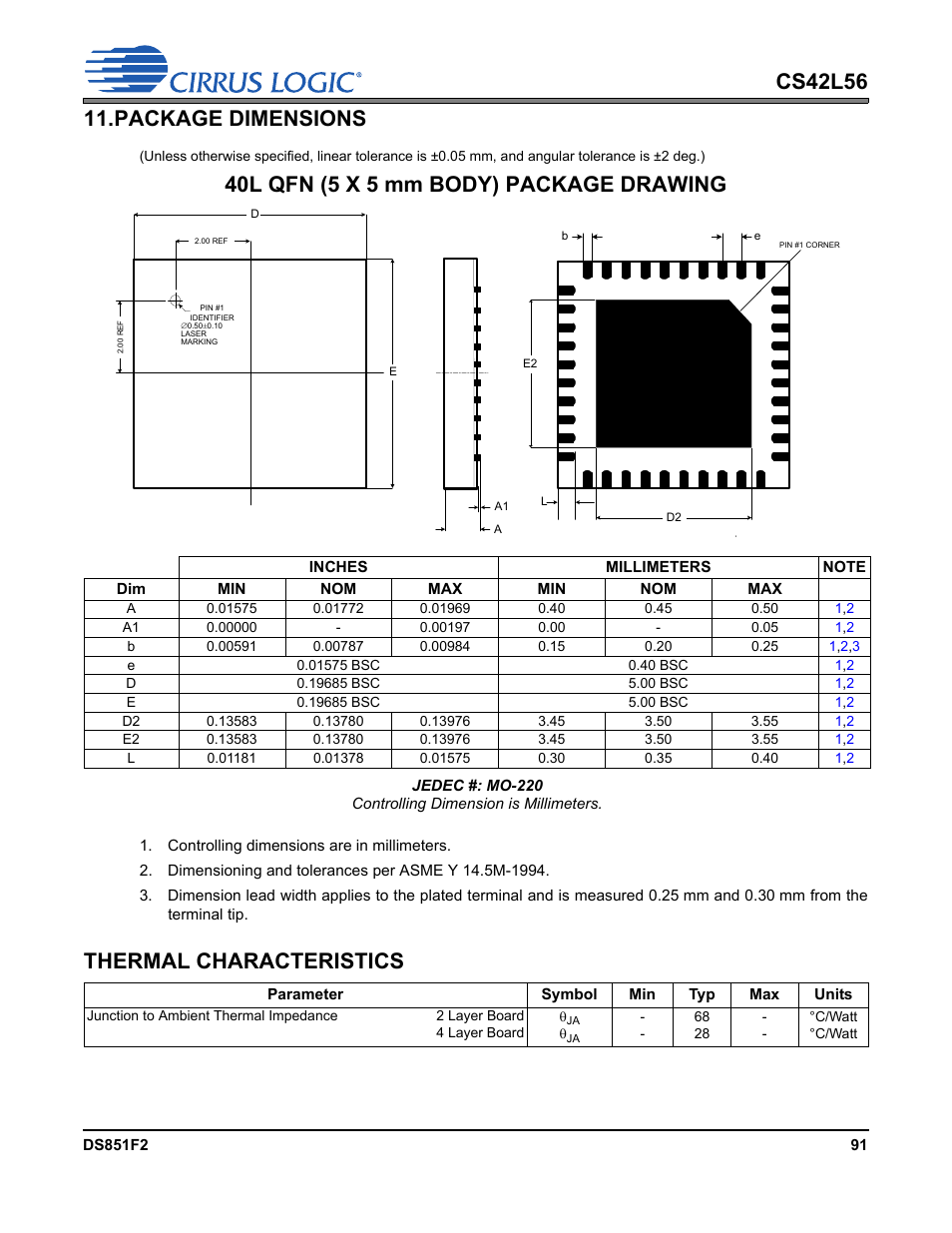 Package dimensions, Thermal characteristics, 40l qfn (5 x 5 mm body) package drawing | Cirrus Logic CS42L56 User Manual | Page 91 / 92