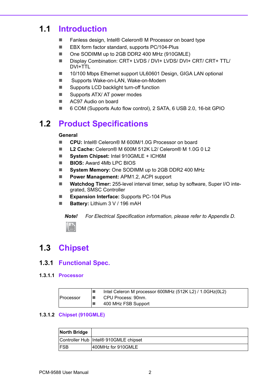 1 introduction, 2 product specifications, 3 chipset | 1 functional spec, 1 processor, 2 chipset (910gmle), Introduction, Product specifications, Chipset 1.3.1, Functional spec | Advantech PCM-9588 User Manual | Page 12 / 104