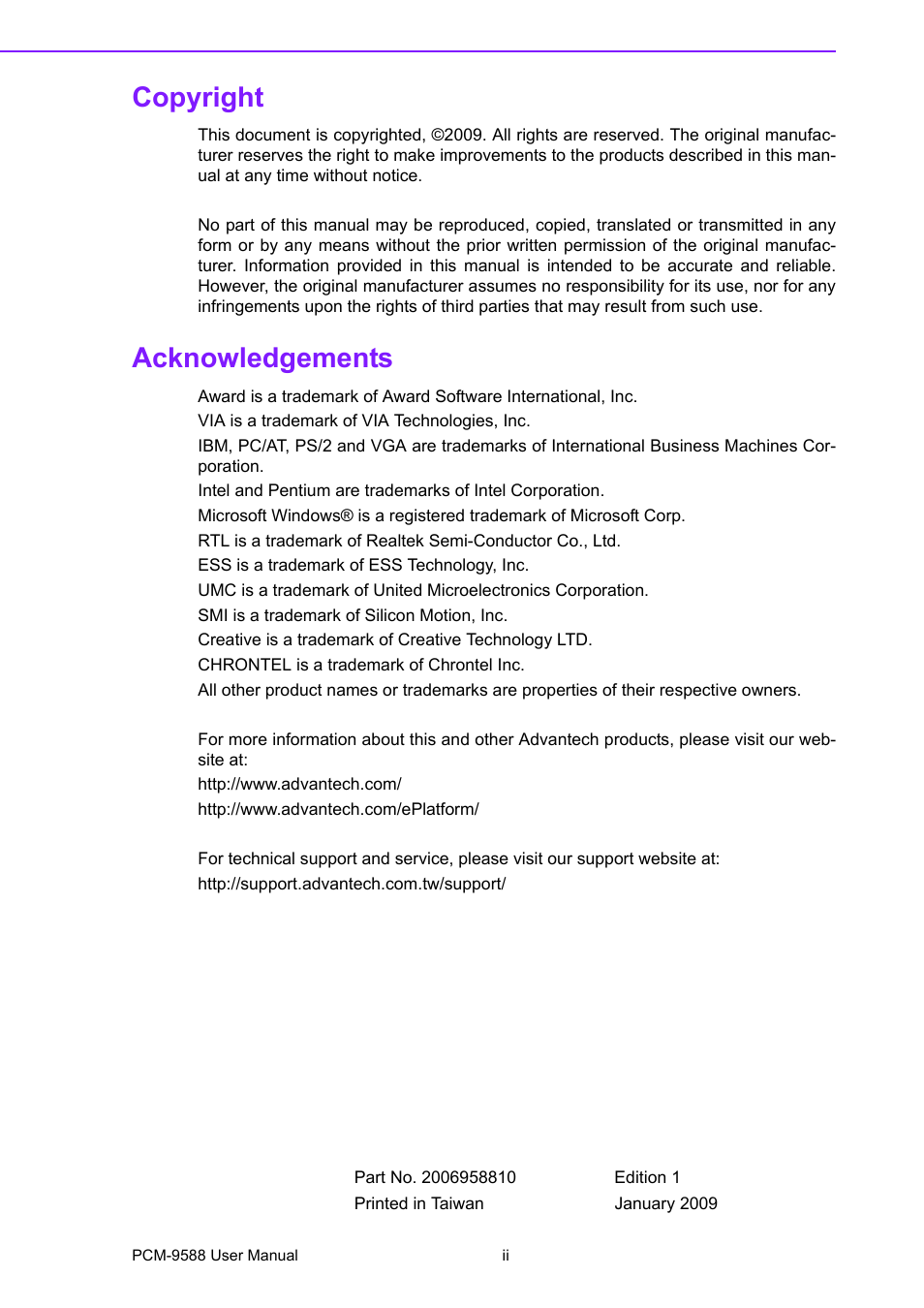 Copyright, Acknowledgements | Advantech PCM-9588 User Manual | Page 2 / 104