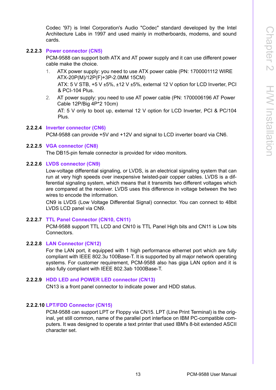 3 power connector (cn5), 4 inverter connector (cn6), 5 vga connector (cn8) | 6 lvds connector (cn9), 7 ttl panel connector (cn10, cn11), 8 lan connector (cn12), 9 hdd led and power led connector (cn13), 10 lpt/fdd connector (cn15), Chapter 2 h /w installation | Advantech PCM-9588 User Manual | Page 23 / 104