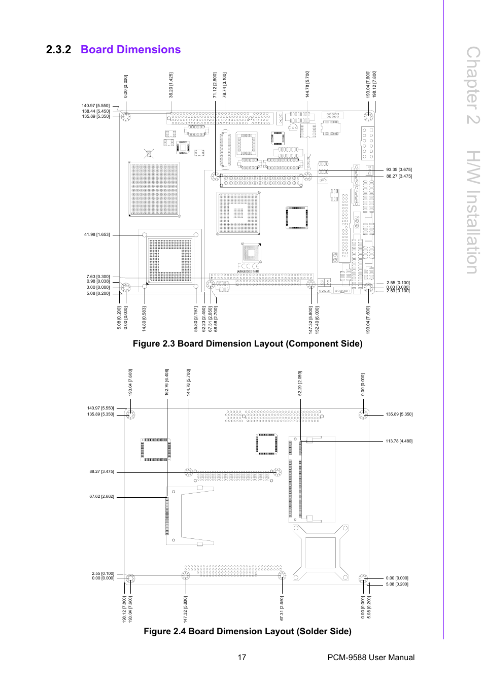 2 board dimensions, Figure 2.3 board dimension layout (component side), Figure 2.4 board dimension layout (solder side) | Chapter 2 h /w installation | Advantech PCM-9588 User Manual | Page 27 / 104