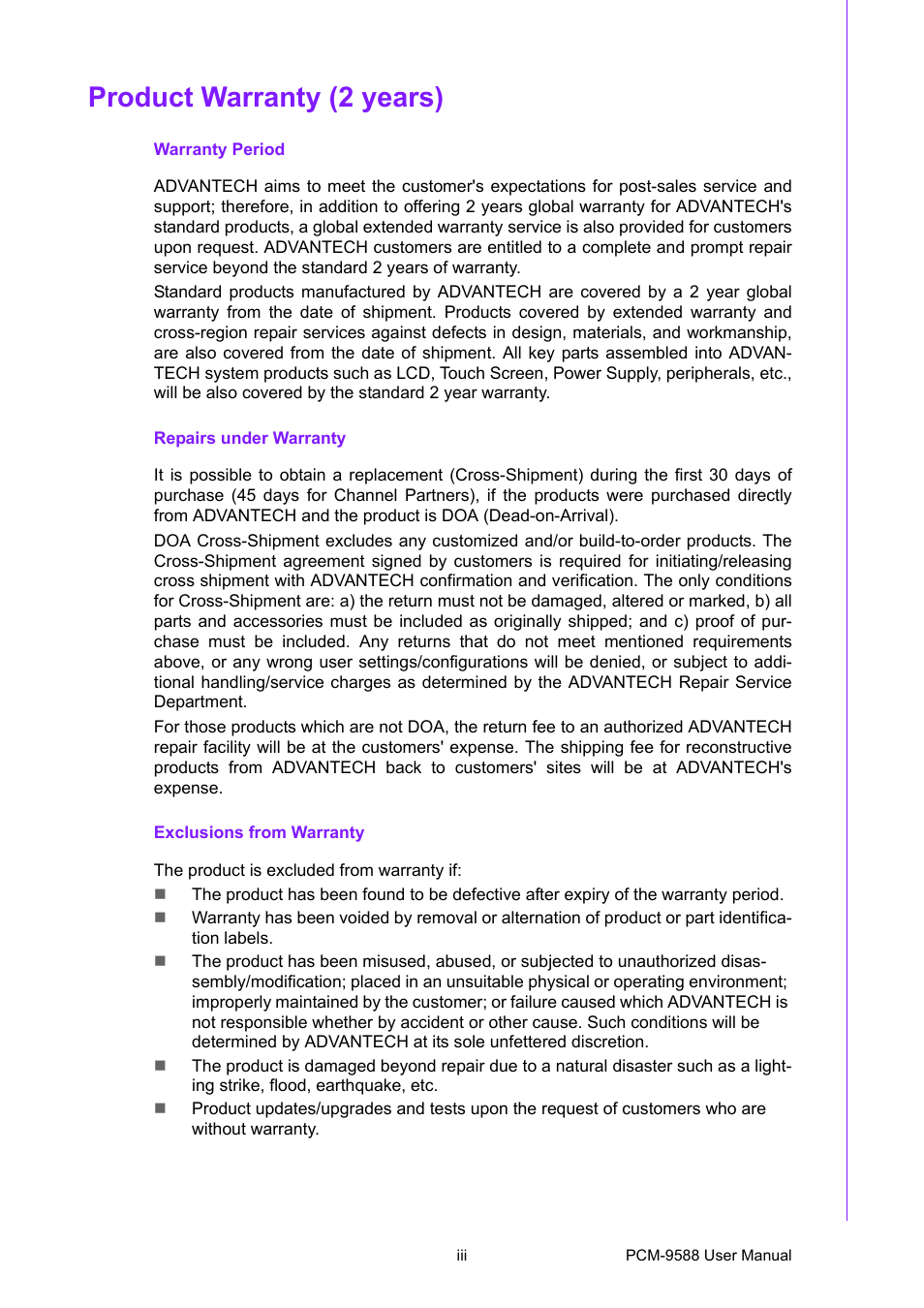 Product warranty (2 years) | Advantech PCM-9588 User Manual | Page 3 / 104