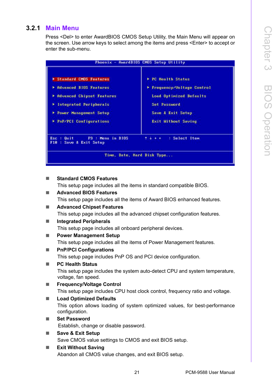 1 main menu, Main menu, Chapter 3 b ios operation | Advantech PCM-9588 User Manual | Page 31 / 104