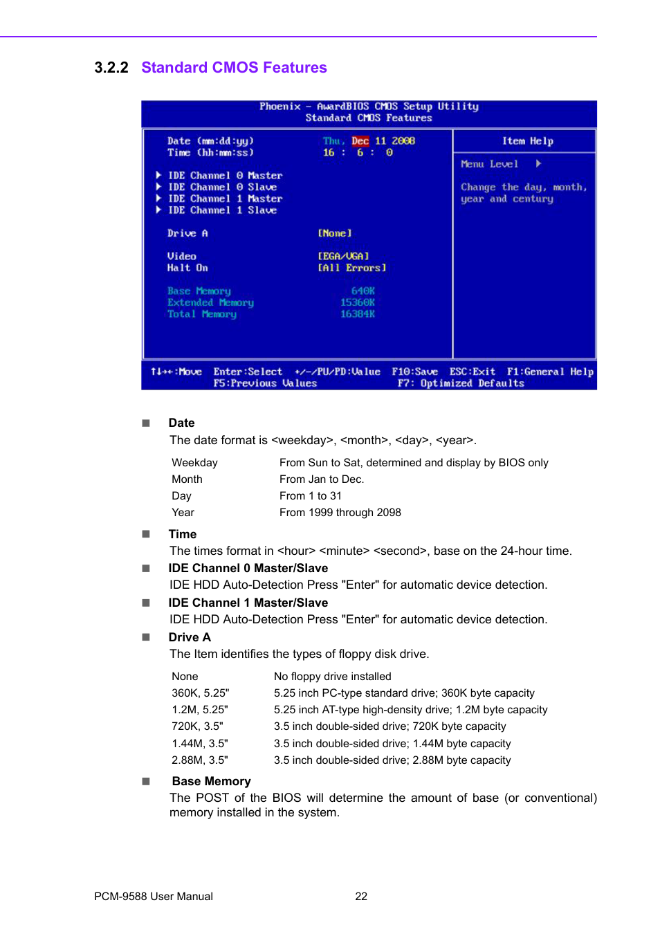 2 standard cmos features, Standard cmos features | Advantech PCM-9588 User Manual | Page 32 / 104