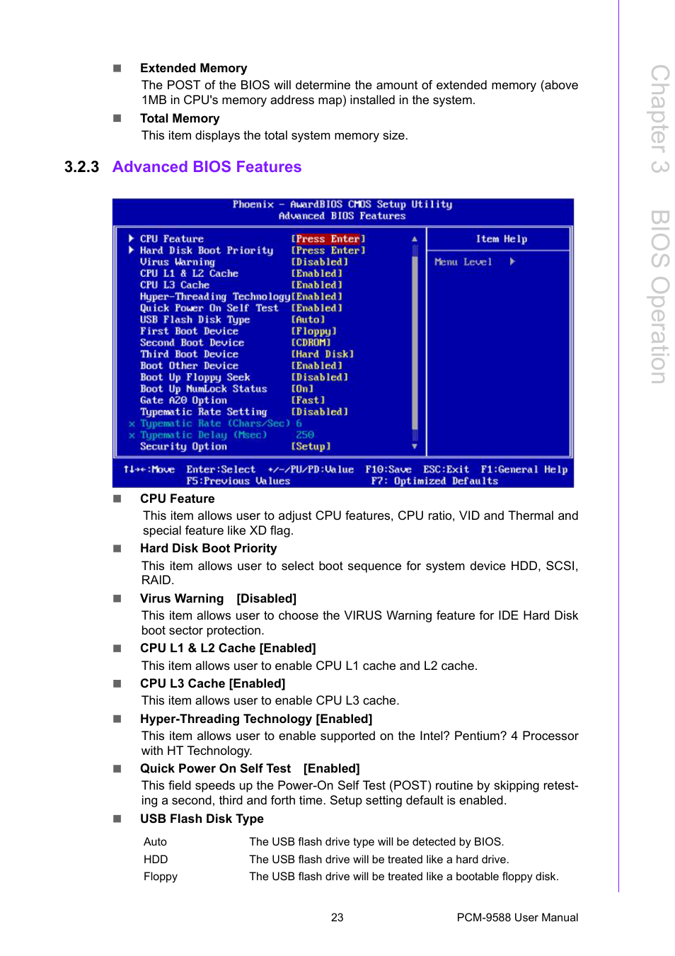 3 advanced bios features, Advanced bios features, Chapter 3 b ios operation | Advantech PCM-9588 User Manual | Page 33 / 104