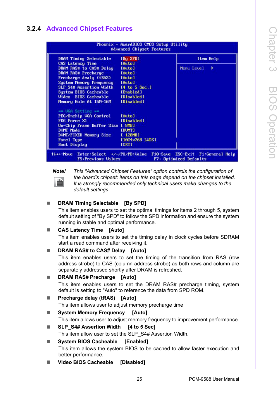 4 advanced chipset features, Advanced chipset features, Chapter 3 b ios operation | Advantech PCM-9588 User Manual | Page 35 / 104
