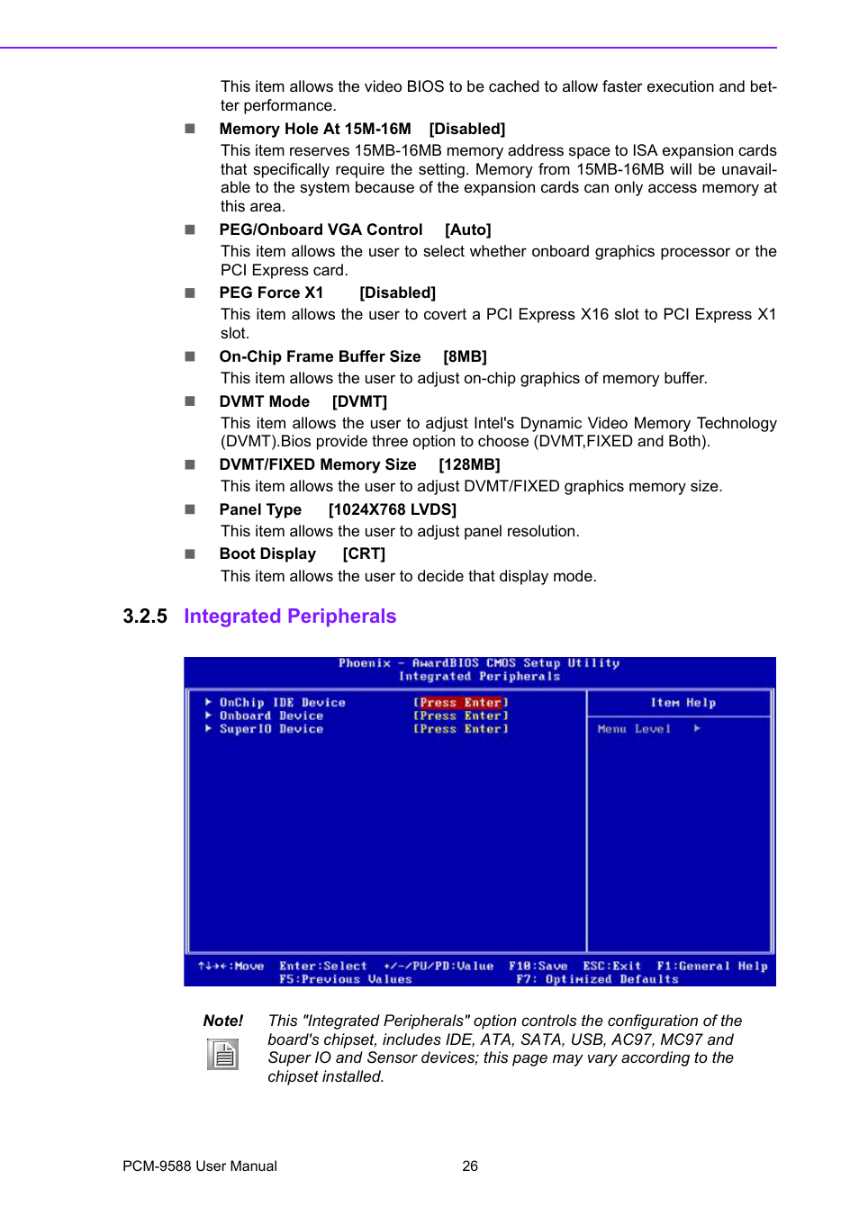 5 integrated peripherals, Integrated peripherals | Advantech PCM-9588 User Manual | Page 36 / 104