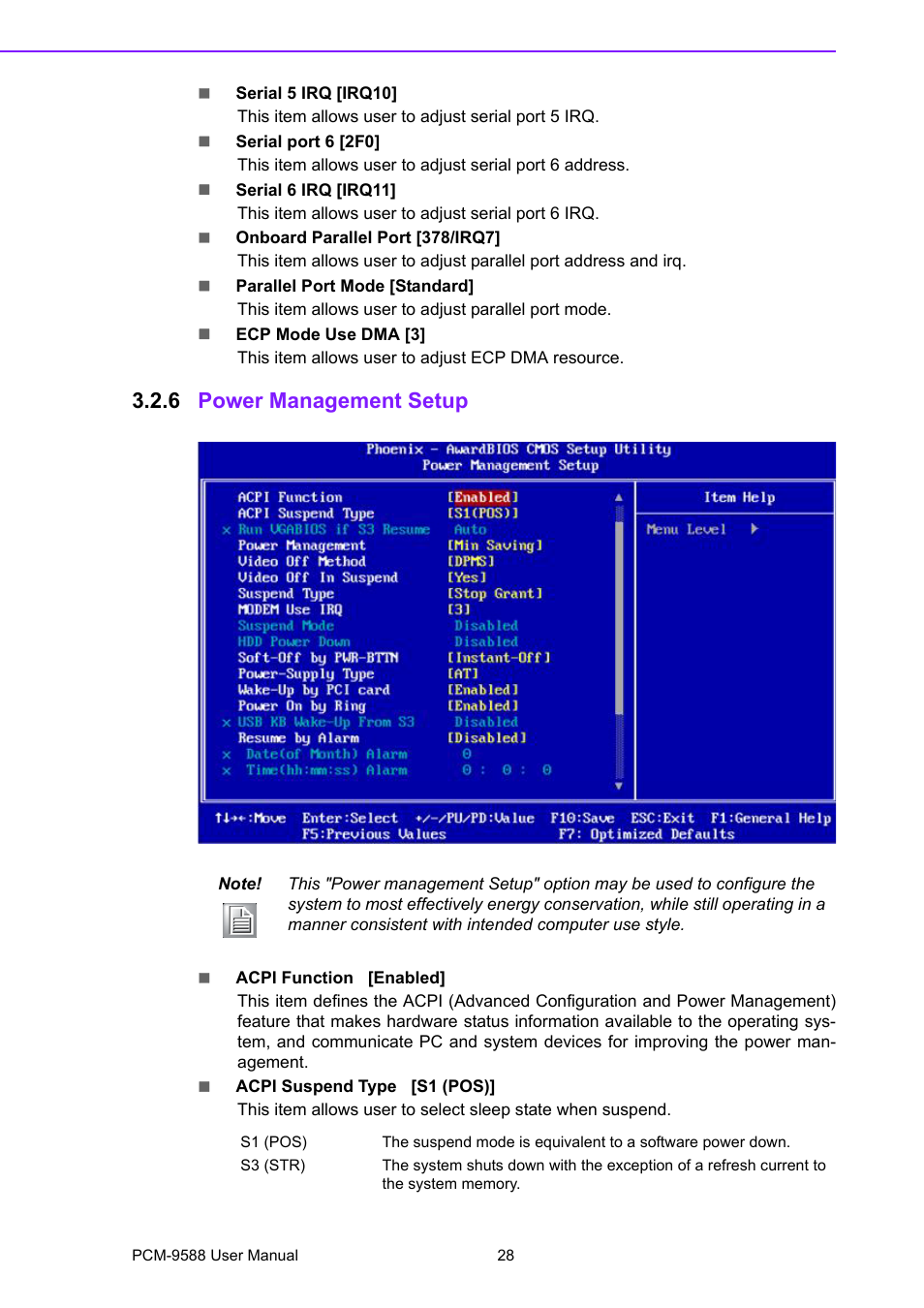 6 power management setup, Power management setup | Advantech PCM-9588 User Manual | Page 38 / 104