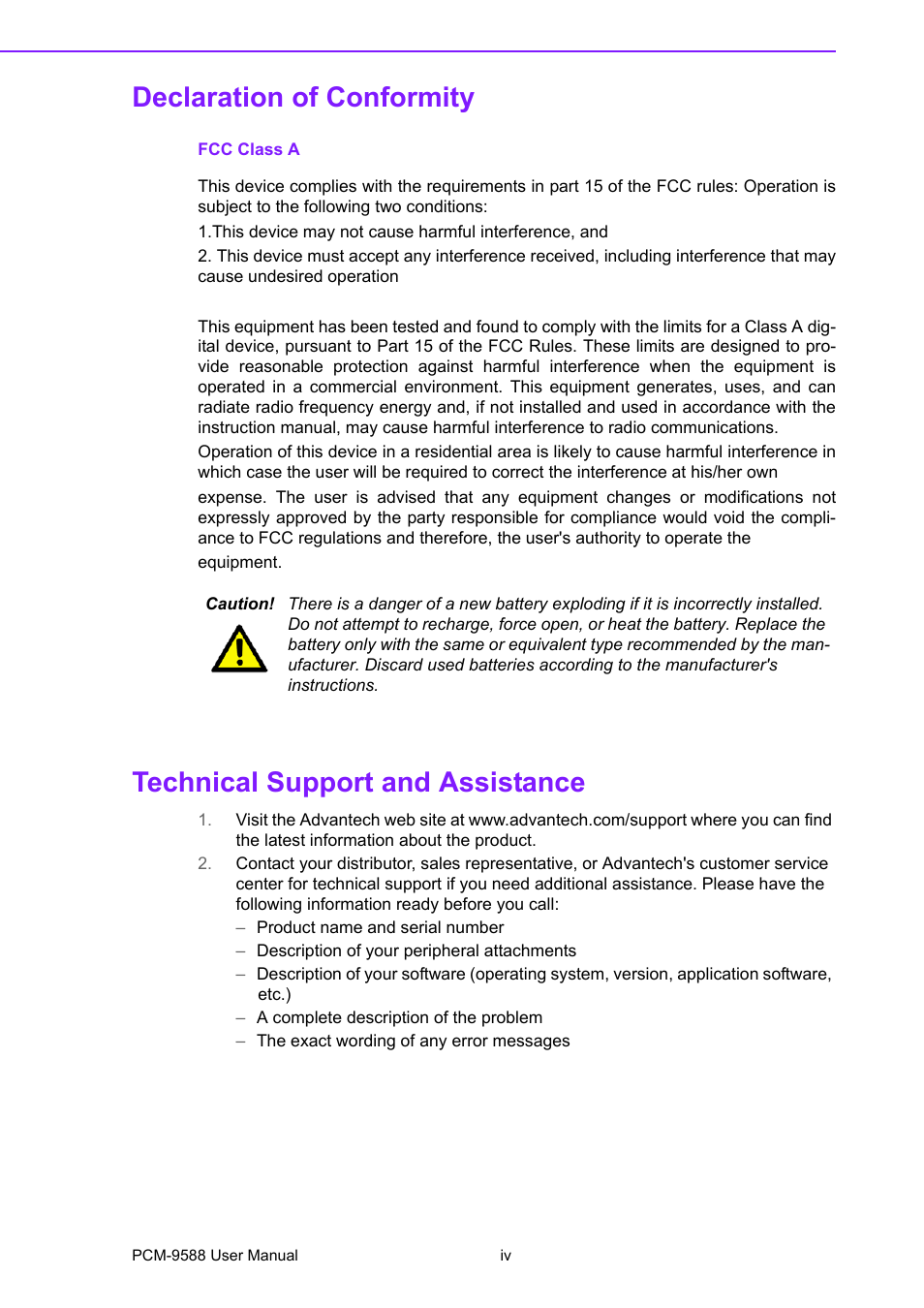 Declaration of conformity, Technical support and assistance | Advantech PCM-9588 User Manual | Page 4 / 104