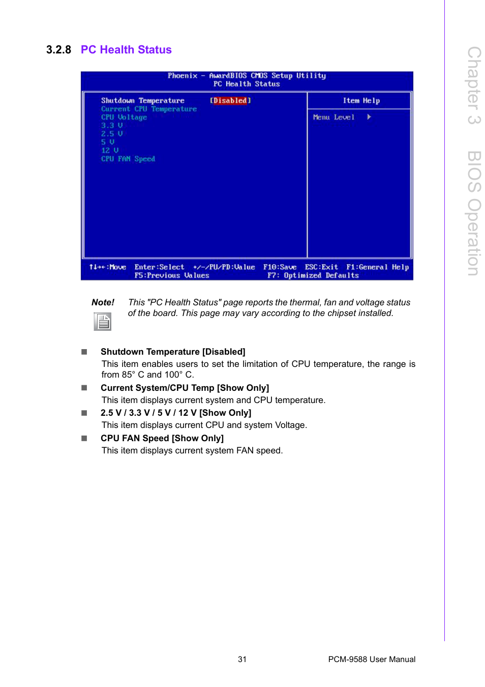 8 pc health status, Pc health status, Chapter 3 b ios operation | Advantech PCM-9588 User Manual | Page 41 / 104