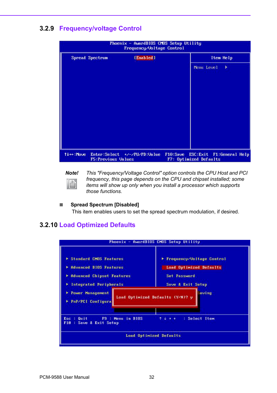 9 frequency/voltage control, 10 load optimized defaults, Frequency/voltage control | Advantech PCM-9588 User Manual | Page 42 / 104