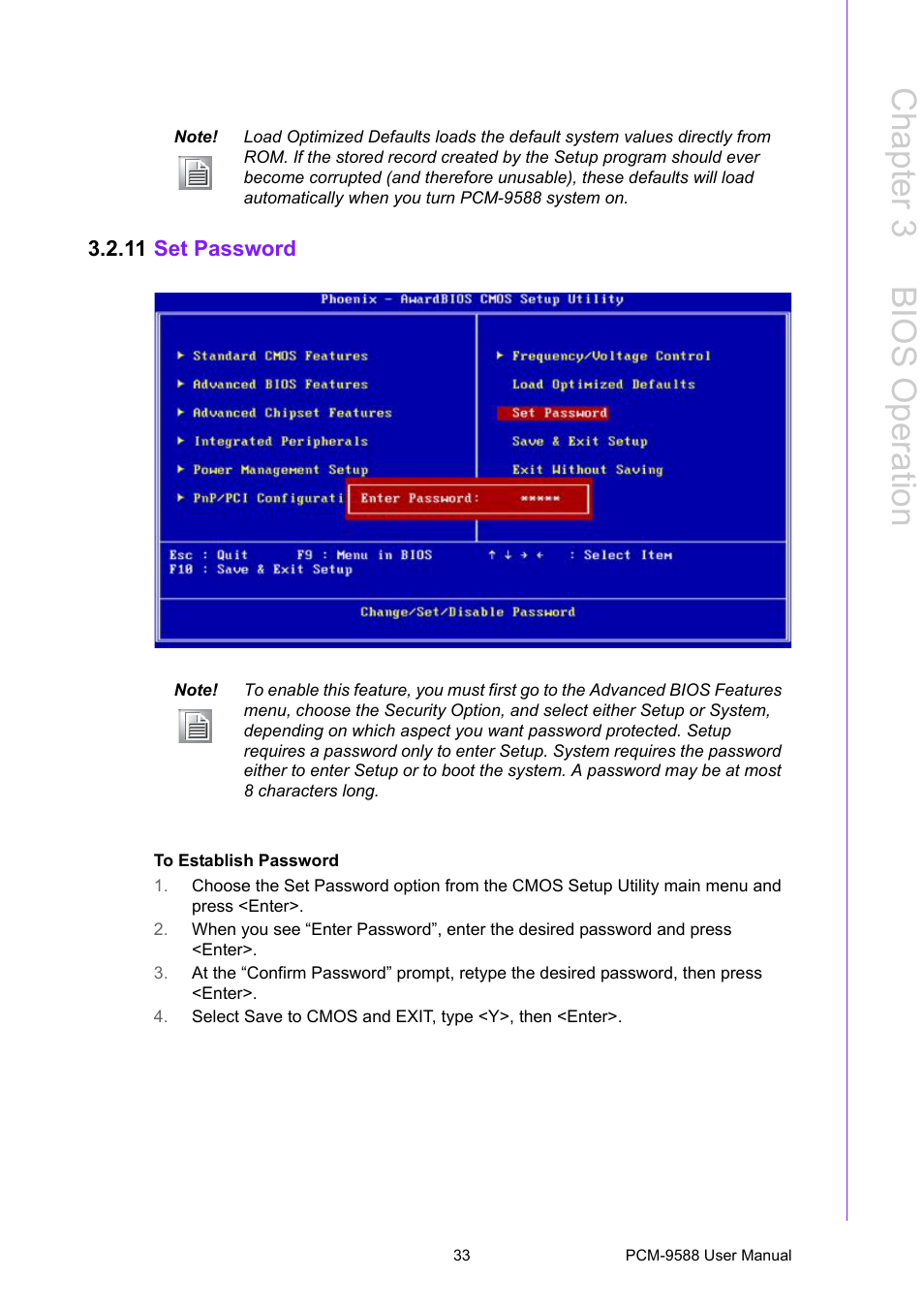 11 set password, Chapter 3 b ios operation | Advantech PCM-9588 User Manual | Page 43 / 104