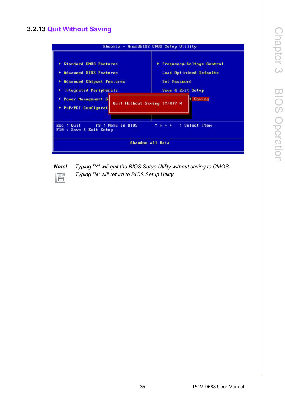 13 quit without saving, Chapter 3 b ios operation | Advantech PCM-9588 User Manual | Page 45 / 104