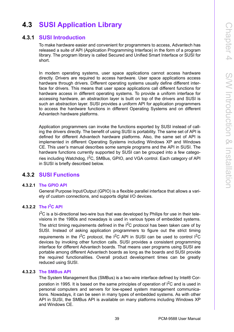 3 susi application library, 1 susi introduction, 2 susi functions | 1 the gpio api, 2 the i2c api, 3 the smbus api, Susi application library 4.3.1, Susi introduction, Susi functions, Chapter 4 s /w introduction & installation | Advantech PCM-9588 User Manual | Page 49 / 104