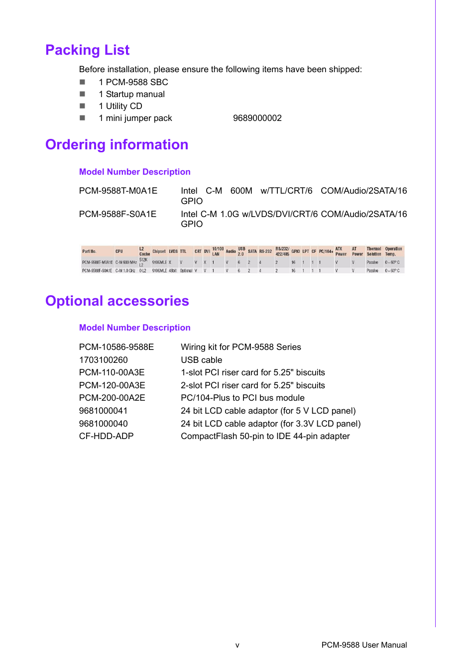 Packing list, Ordering information, Optional accessories | Advantech PCM-9588 User Manual | Page 5 / 104