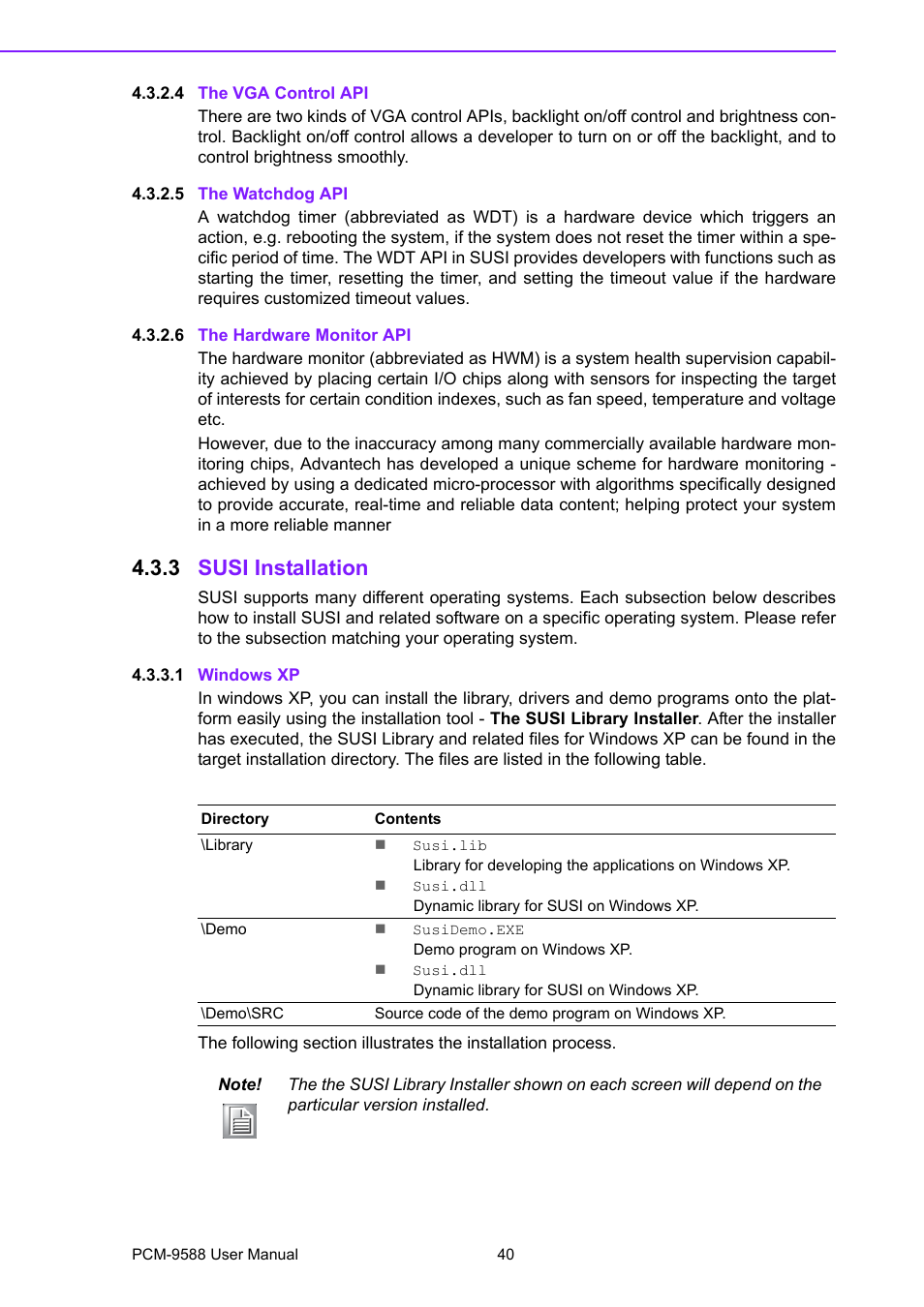 4 the vga control api, 5 the watchdog api, 6 the hardware monitor api | 3 susi installation, 1 windows xp, Susi installation | Advantech PCM-9588 User Manual | Page 50 / 104