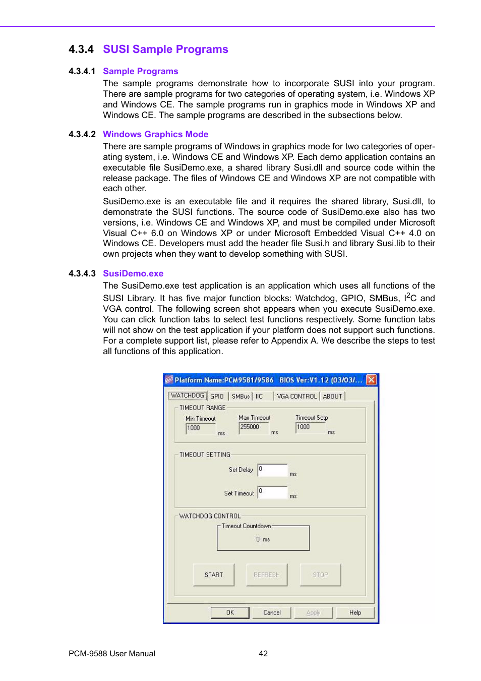 4 susi sample programs, 1 sample programs, 2 windows graphics mode | 3 susidemo.exe, Susi sample programs | Advantech PCM-9588 User Manual | Page 52 / 104