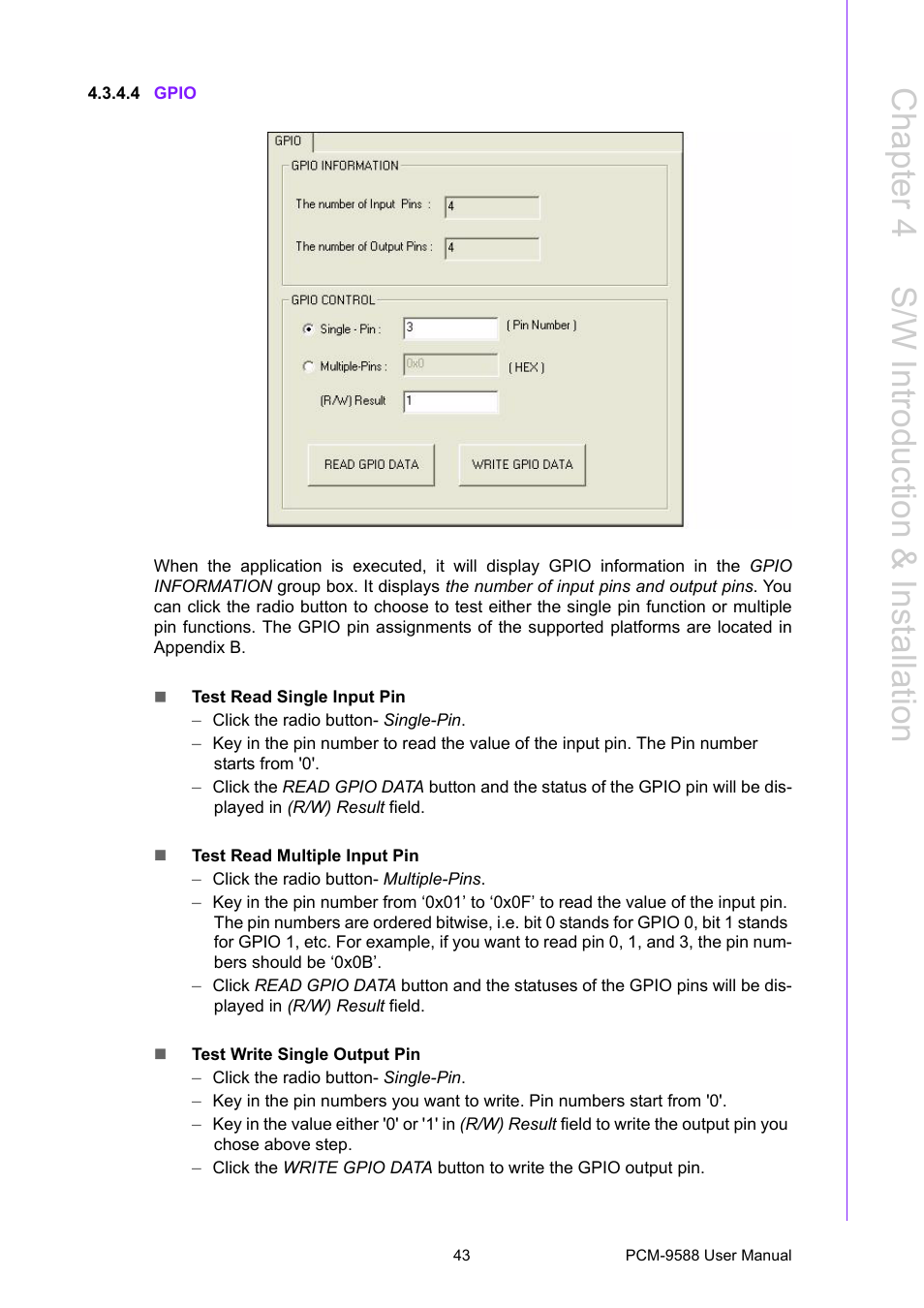 4 gpio, Chapter 4 s /w introduction & installation | Advantech PCM-9588 User Manual | Page 53 / 104