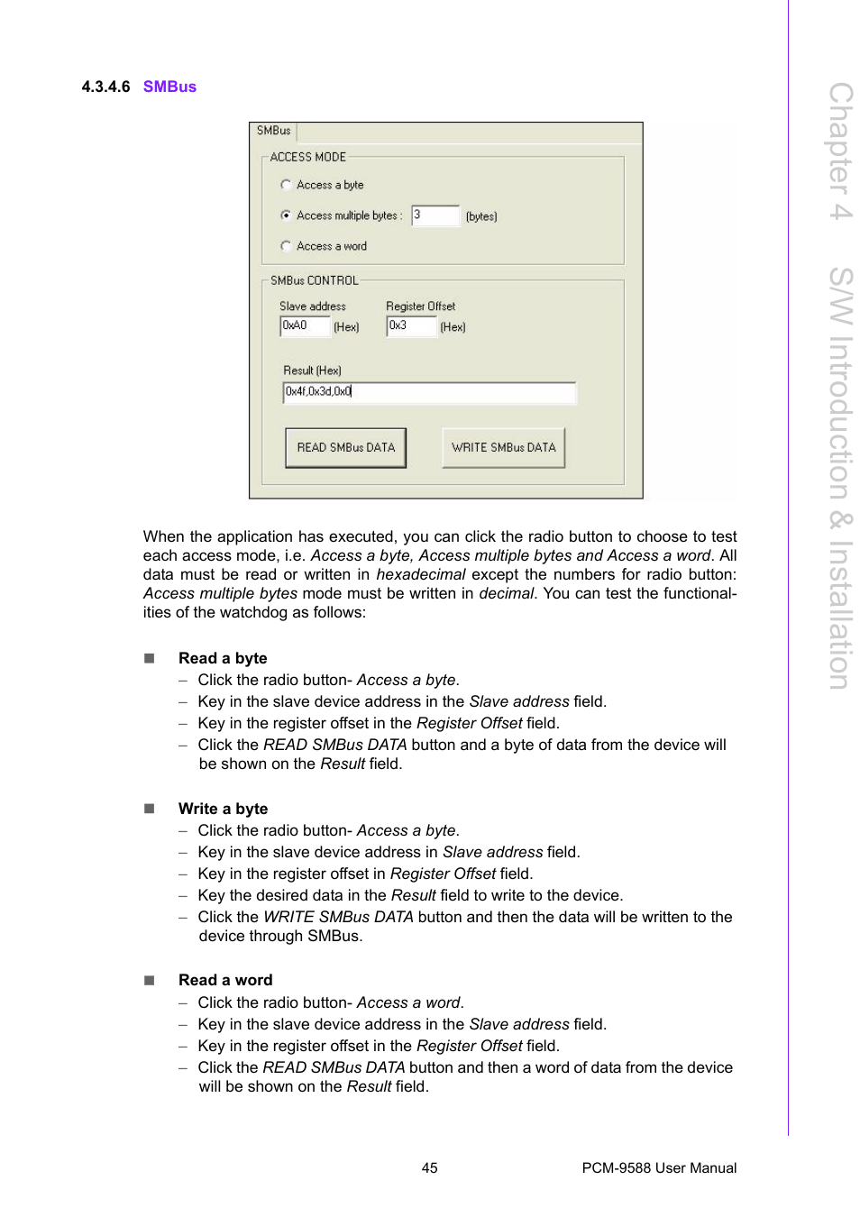 6 smbus, Chapter 4 s /w introduction & installation | Advantech PCM-9588 User Manual | Page 55 / 104