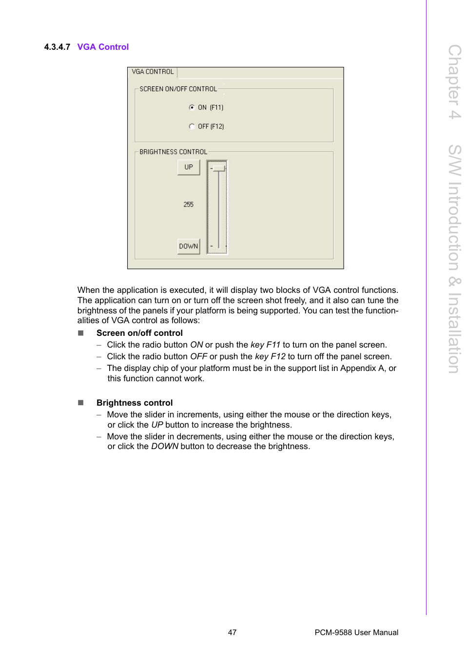 7 vga control, Chapter 4 s /w introduction & installation | Advantech PCM-9588 User Manual | Page 57 / 104