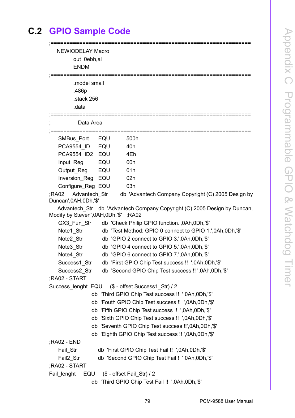 C.2 gpio sample code, Gpio sample code, Appendix c p rogrammable g pio & watchdog timer | Advantech PCM-9588 User Manual | Page 89 / 104