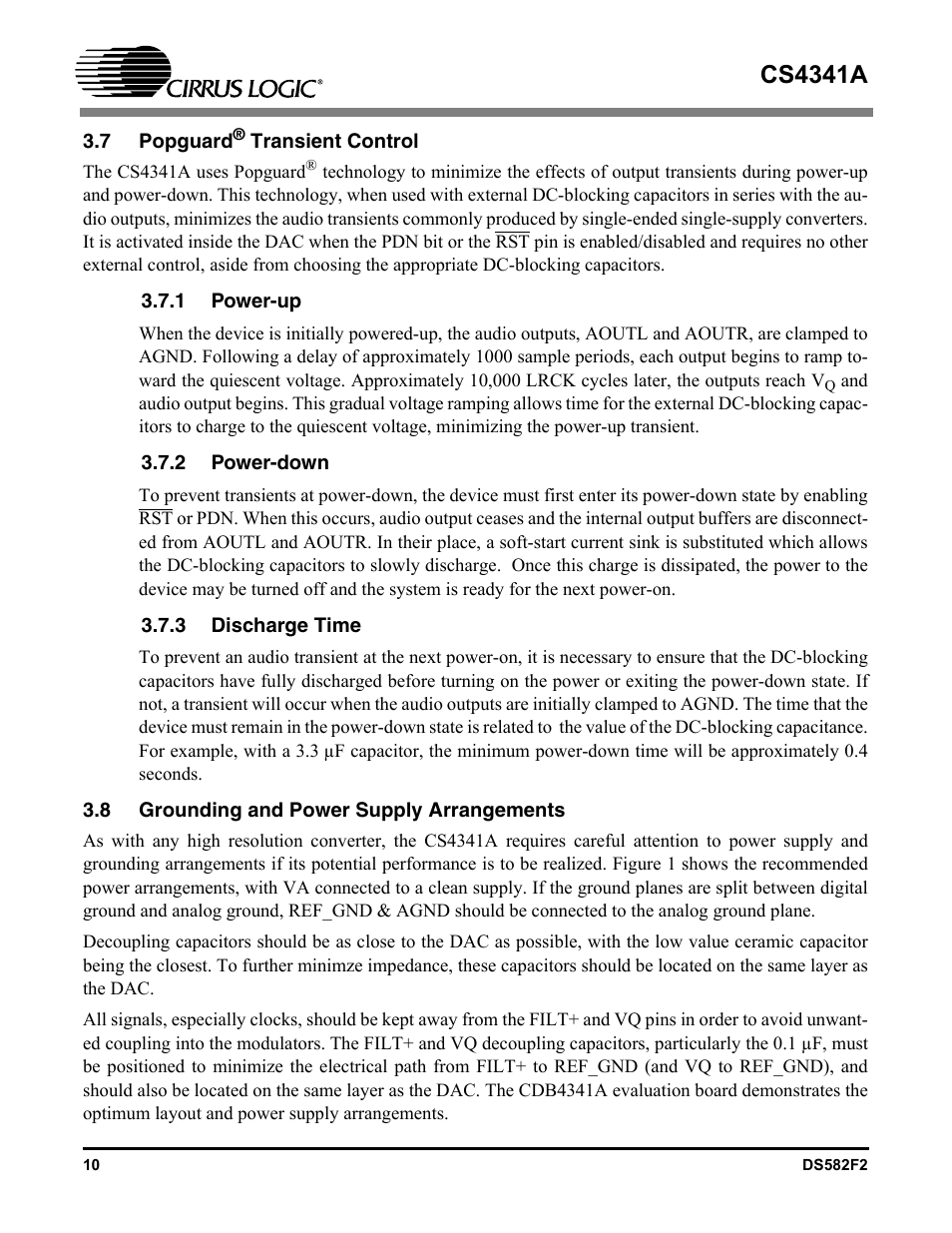 7 popguard® transient control, 1 power-up, 2 power-down | 3 discharge time, 8 grounding and power supply arrangements, 7 popguard, 1 power-up 3.7.2 power-down 3.7.3 discharge time, Cs4341a | Cirrus Logic CS4341A User Manual | Page 10 / 34