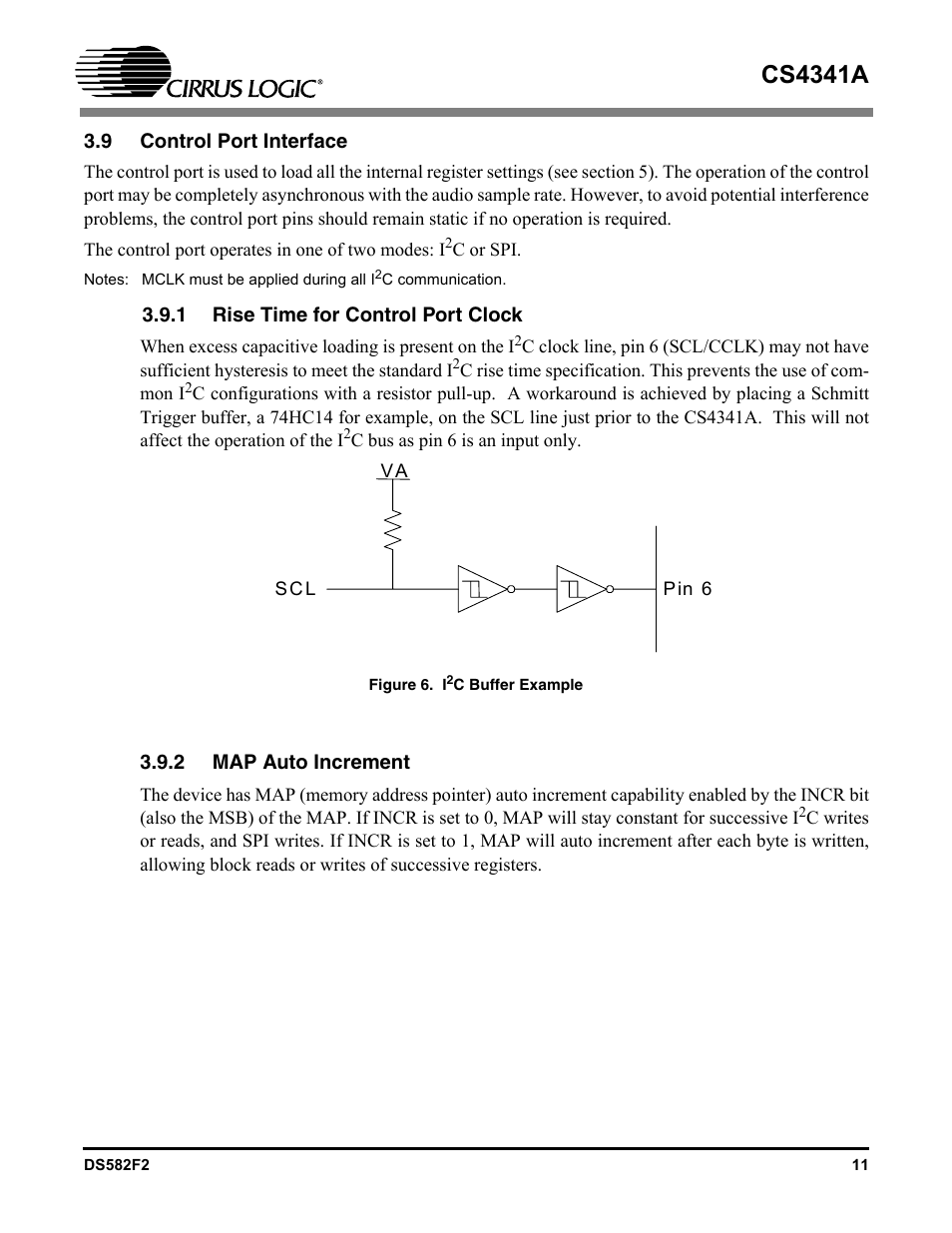 9 control port interface, 1 rise time for control port clock, Figure 6. i2c buffer example | 2 map auto increment, Cs4341a | Cirrus Logic CS4341A User Manual | Page 11 / 34