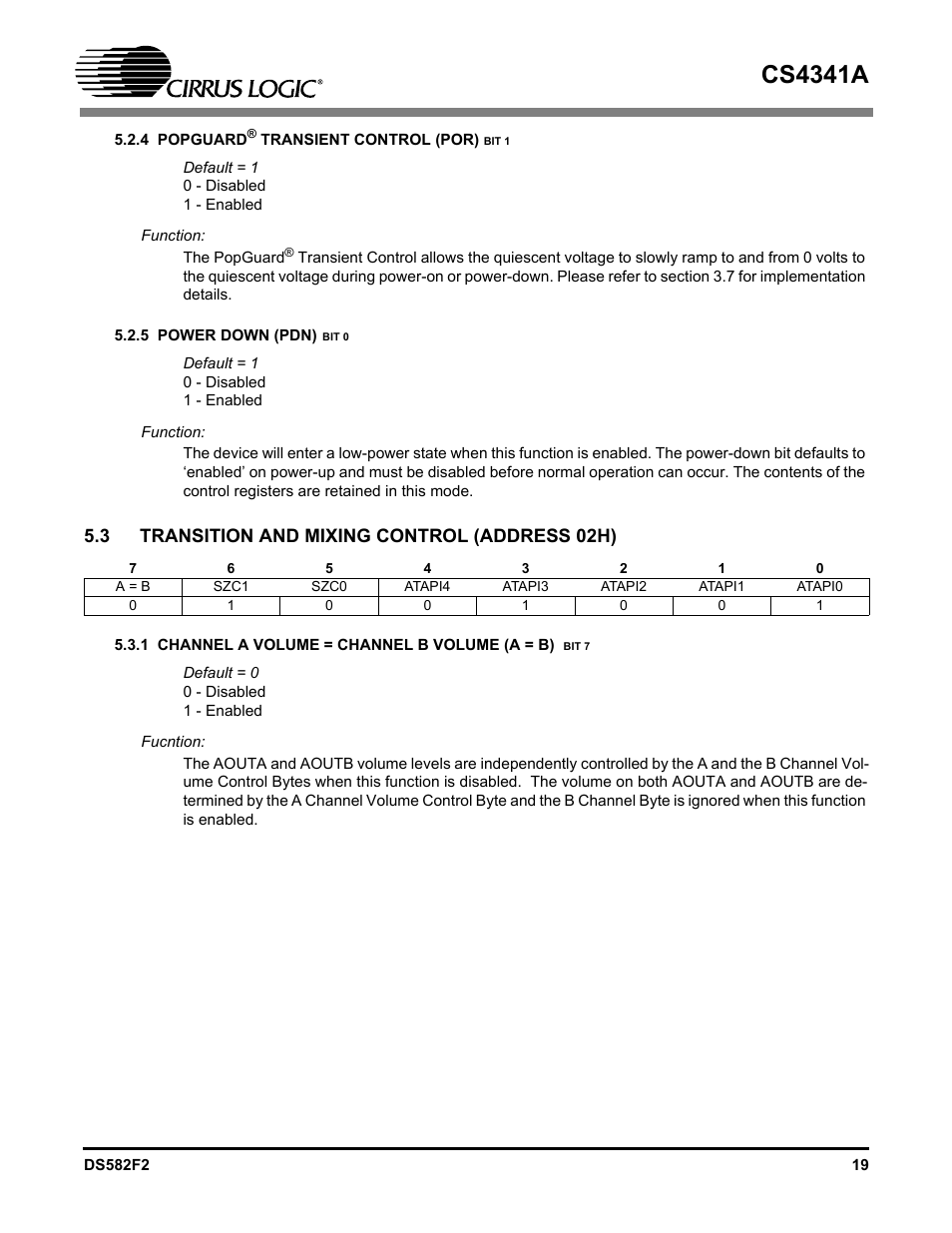 3 transition and mixing control (address 02h), Transition and mixing control (address 02h) r, Cs4341a | Cirrus Logic CS4341A User Manual | Page 19 / 34