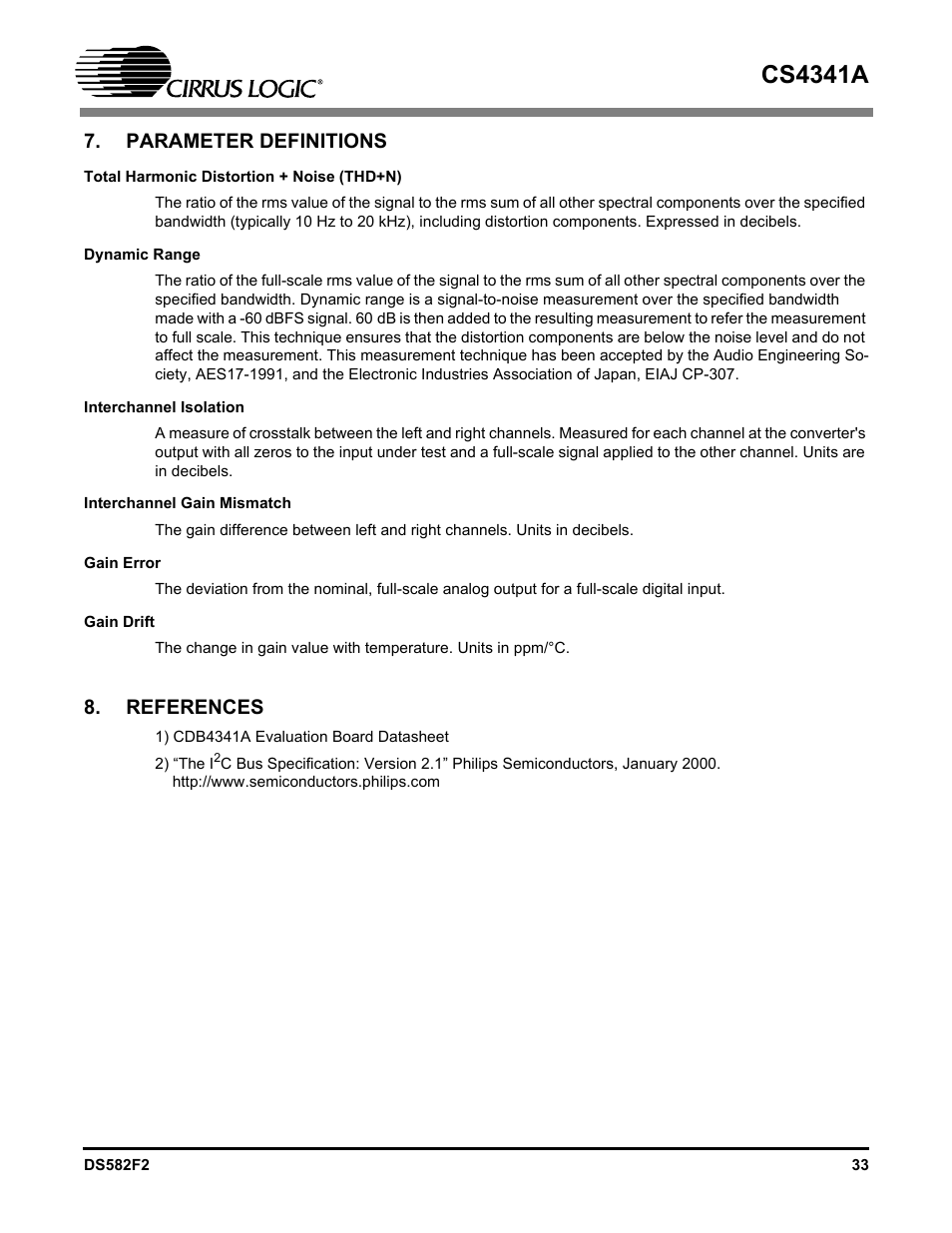 Parameter definitions, Total harmonic distortion + noise (thd+n), Dynamic range | Interchannel isolation, Interchannel gain mismatch, Gain error, Gain drift, References, Cs4341a | Cirrus Logic CS4341A User Manual | Page 33 / 34