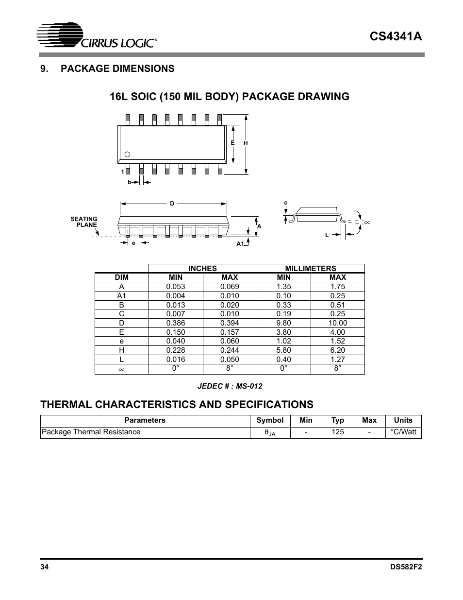 Package dimensions, Thermal characteristics and specifications, Cs4341a | Cirrus Logic CS4341A User Manual | Page 34 / 34