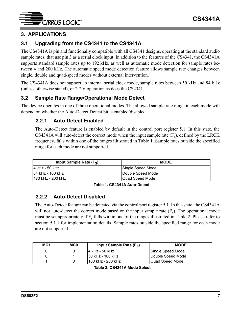 Applications, 1 upgrading from the cs4341 to the cs4341a, 2 sample rate range/operational mode detect | 1 auto-detect enabled, 2 auto-detect disabled, 1 auto-detect enabled 3.2.2 auto-detect disabled, Cs4341a | Cirrus Logic CS4341A User Manual | Page 7 / 34