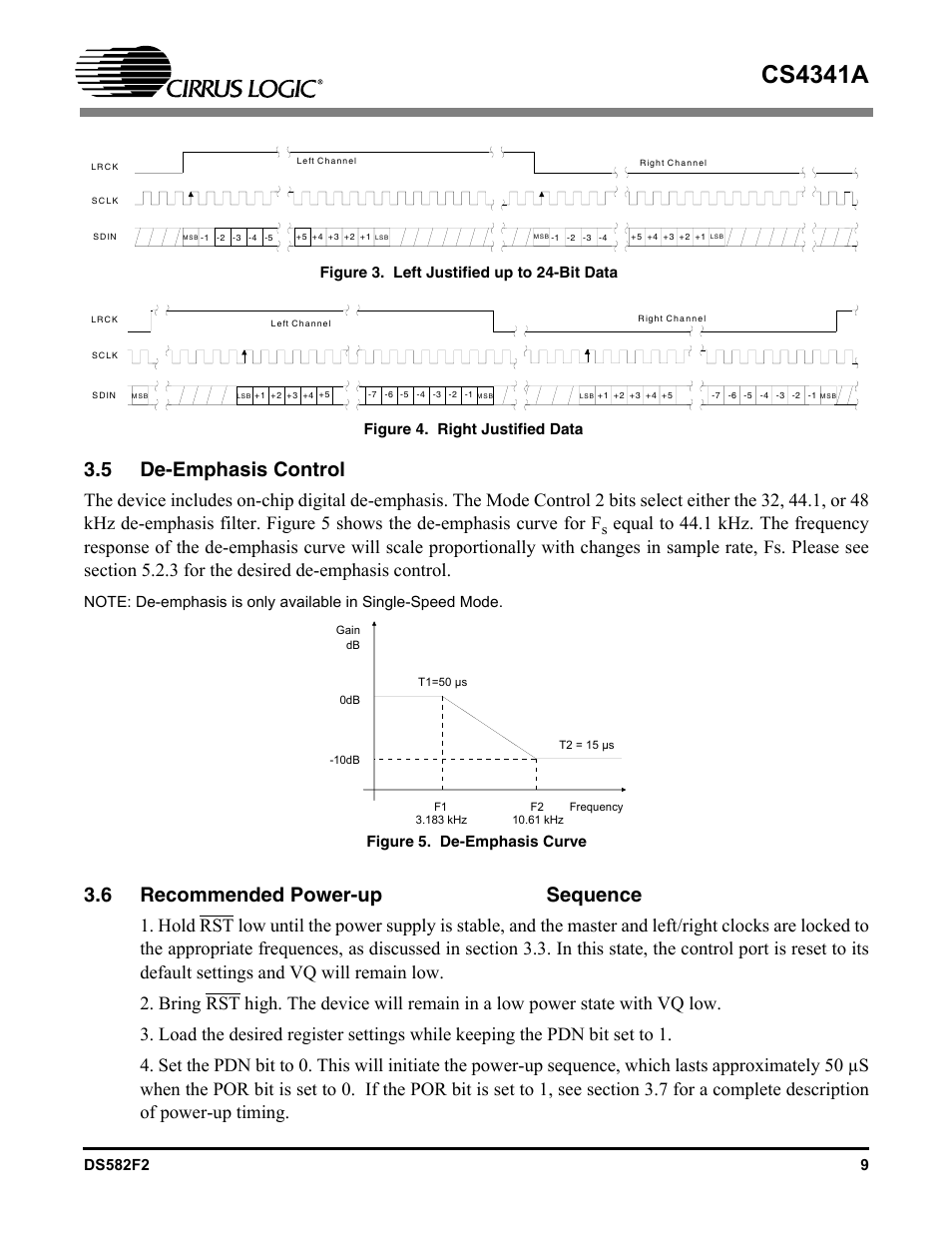 Figure 3. left justified up to 24-bit data, Figure 4. right justified data, 5 de-emphasis control | Figure 5. de-emphasis curve, 6 recommended power-up sequence, Figure 3, Left justified up to 24-bit data, Figure 4, Right justified data, Figure 5 | Cirrus Logic CS4341A User Manual | Page 9 / 34