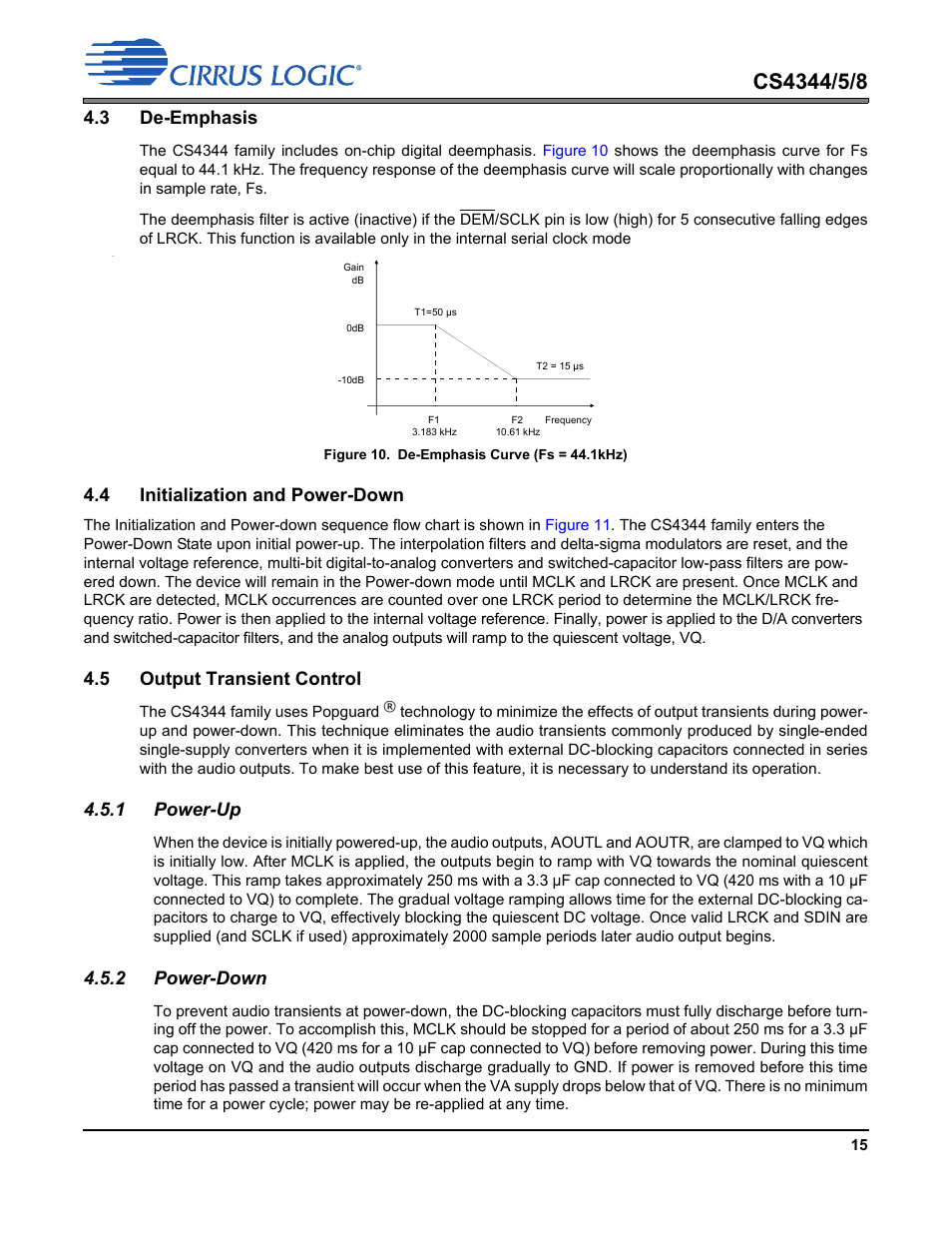 3 de-emphasis, 4 initialization and power-down, 5 output transient control | 1 power-up, 2 power-down, 1 power-up 4.5.2 power-down, Figure 10.de-emphasis curve (fs = 44.1khz) | Cirrus Logic CS4348 User Manual | Page 15 / 24