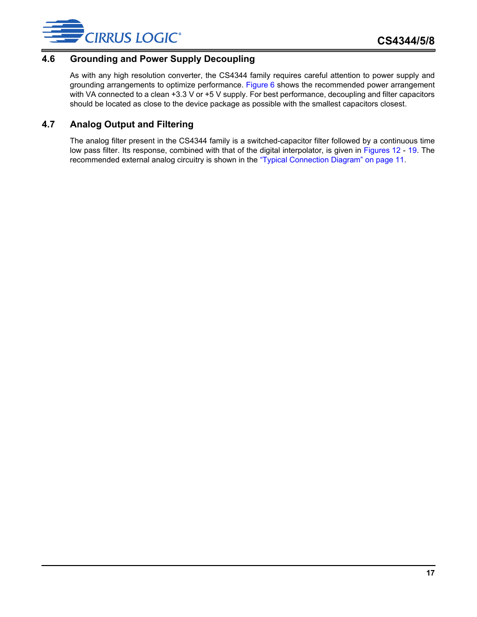 6 grounding and power supply decoupling, 7 analog output and filtering | Cirrus Logic CS4348 User Manual | Page 17 / 24