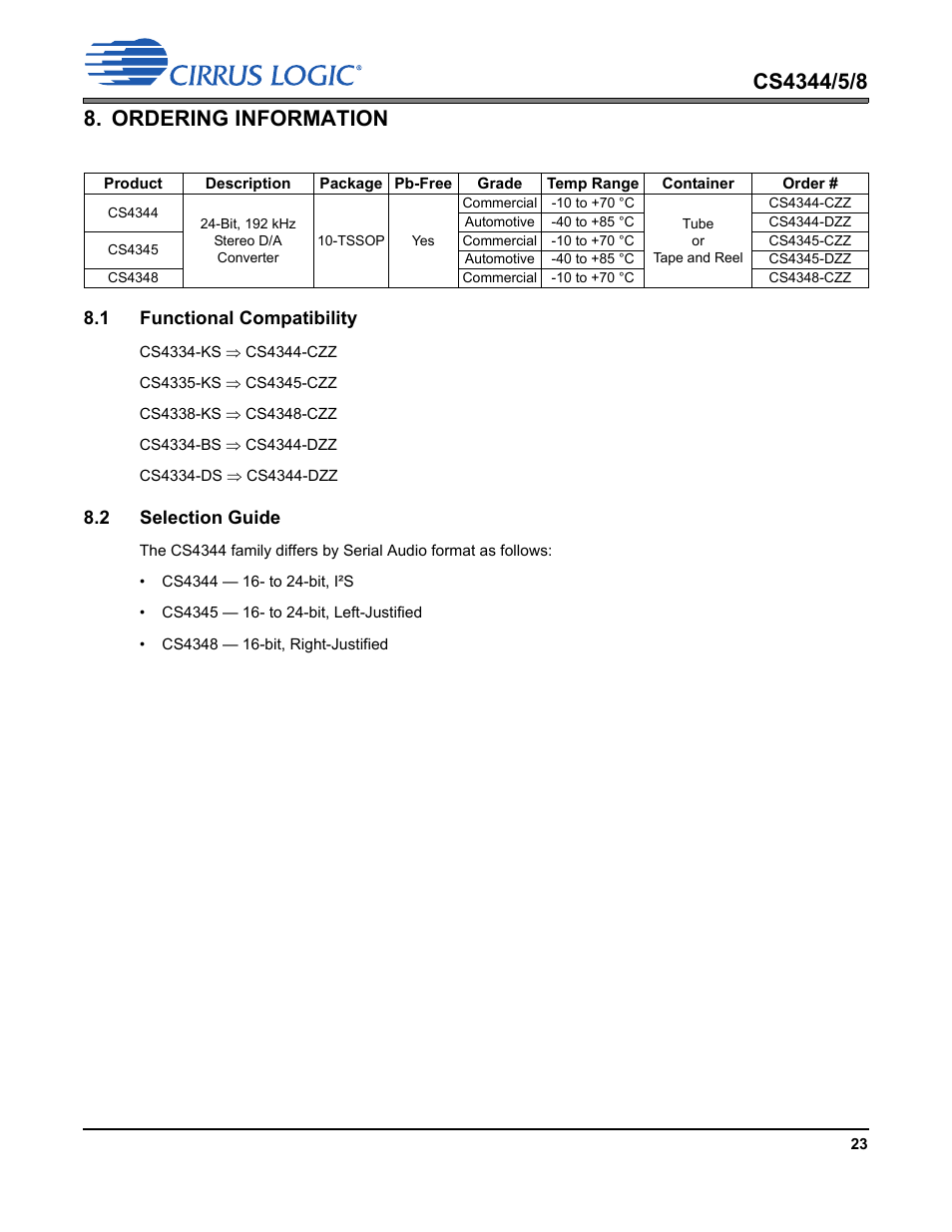 Ordering information, 1 functional compatibility, 2 selection guide | Section 8. “ordering, 1 functional compatibility 8.2 selection guide | Cirrus Logic CS4348 User Manual | Page 23 / 24